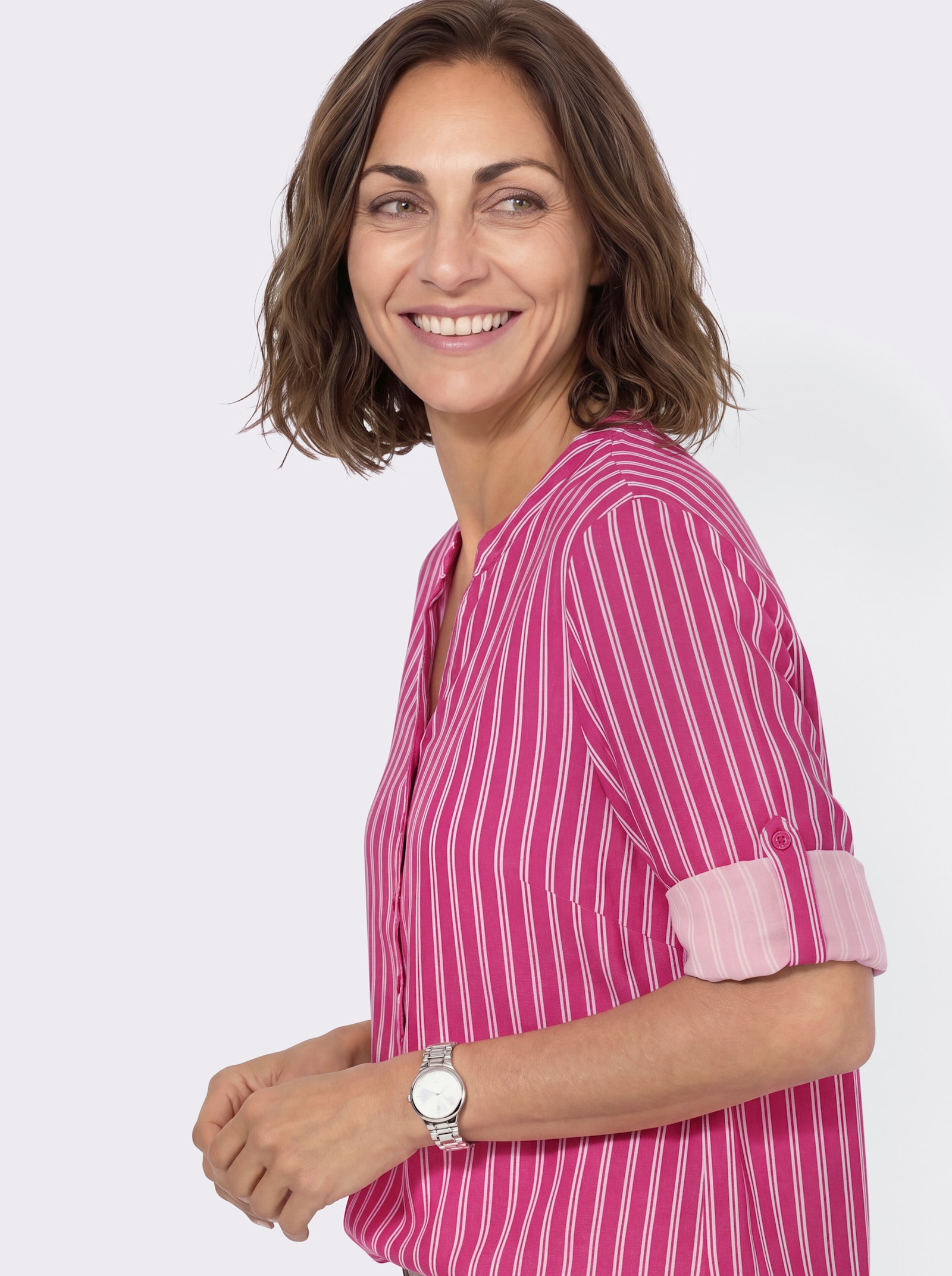 Gestreifte Bluse mit hinten abgerundetem Saum - fuchsia-ecru-gestreift