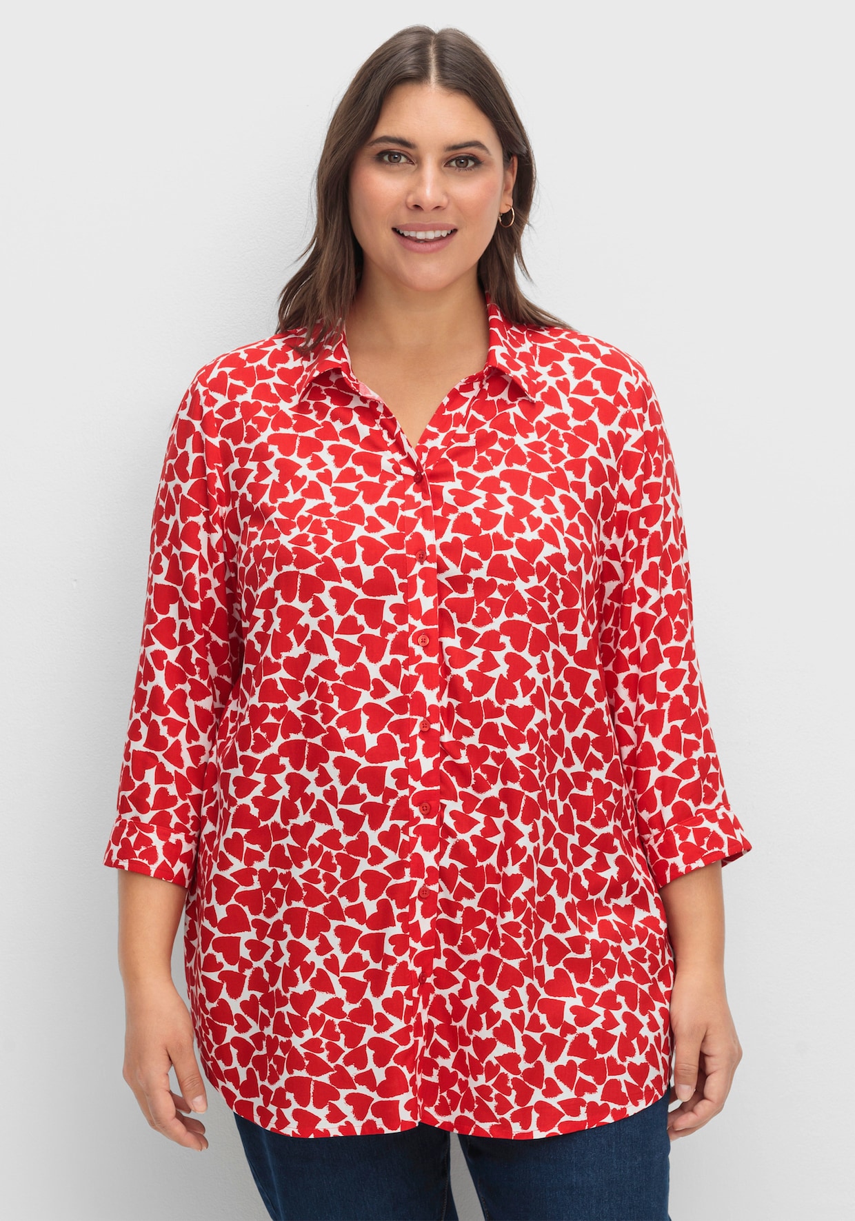 Longbluse - weiß-rot-gemustert