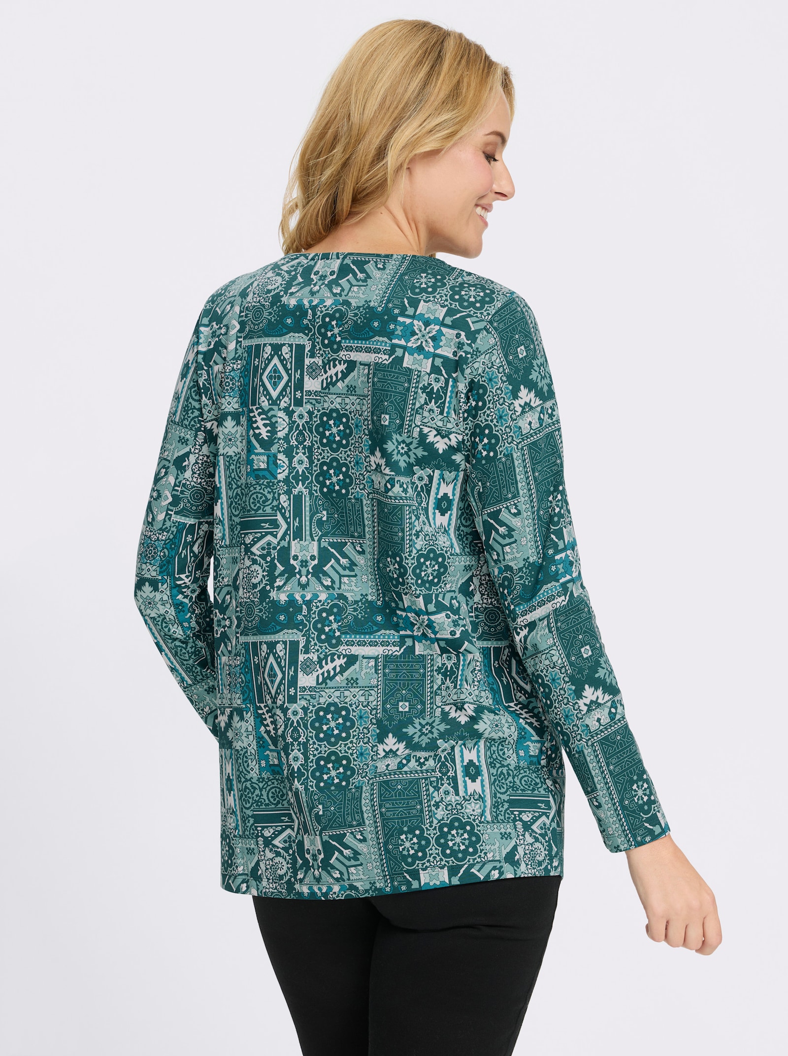 Longshirt mit Patchwork-Druck - petrol-ozean-bedruckt
