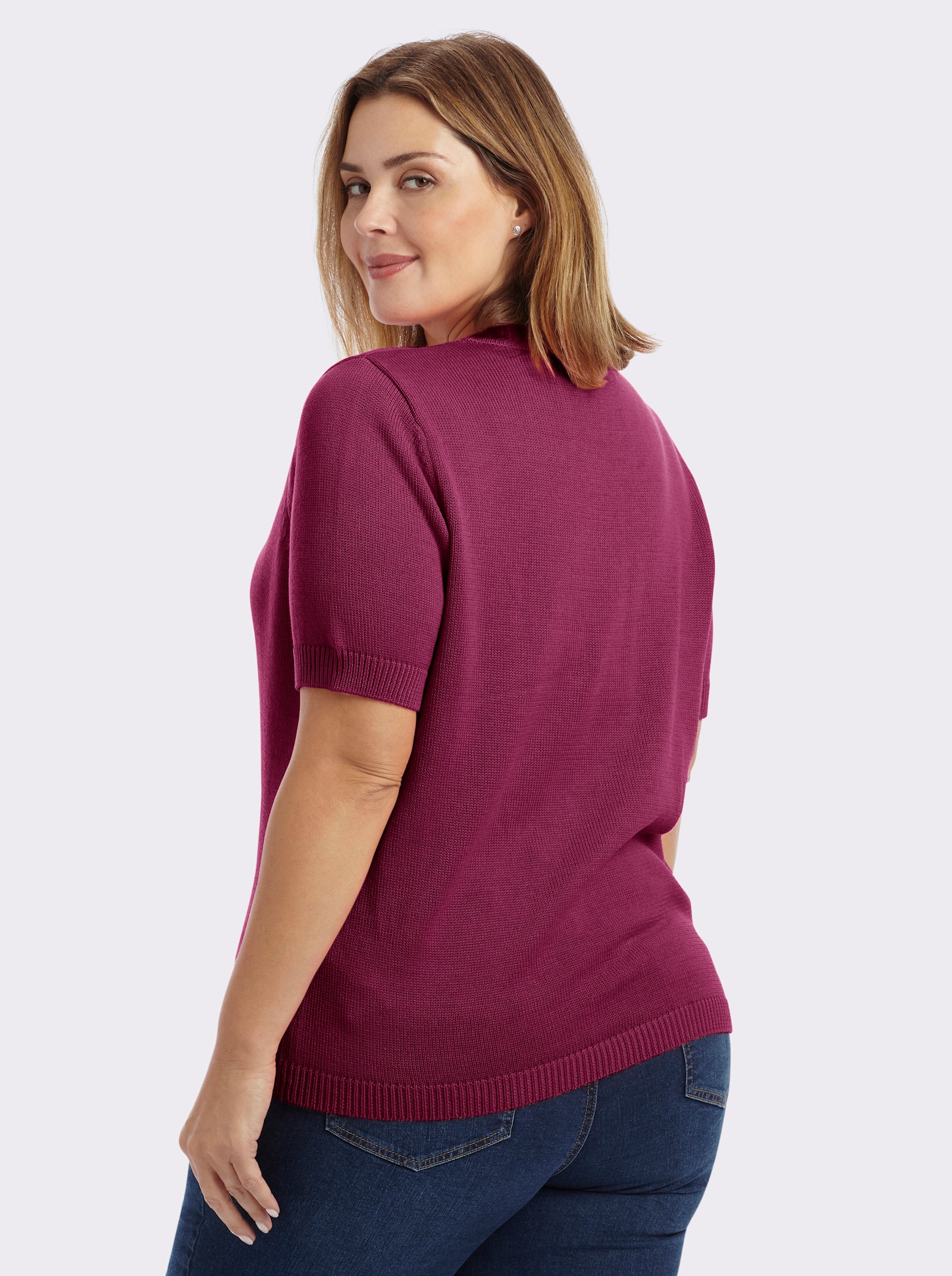 Kurzarmpullover mit Rippabschlüssen - fuchsia