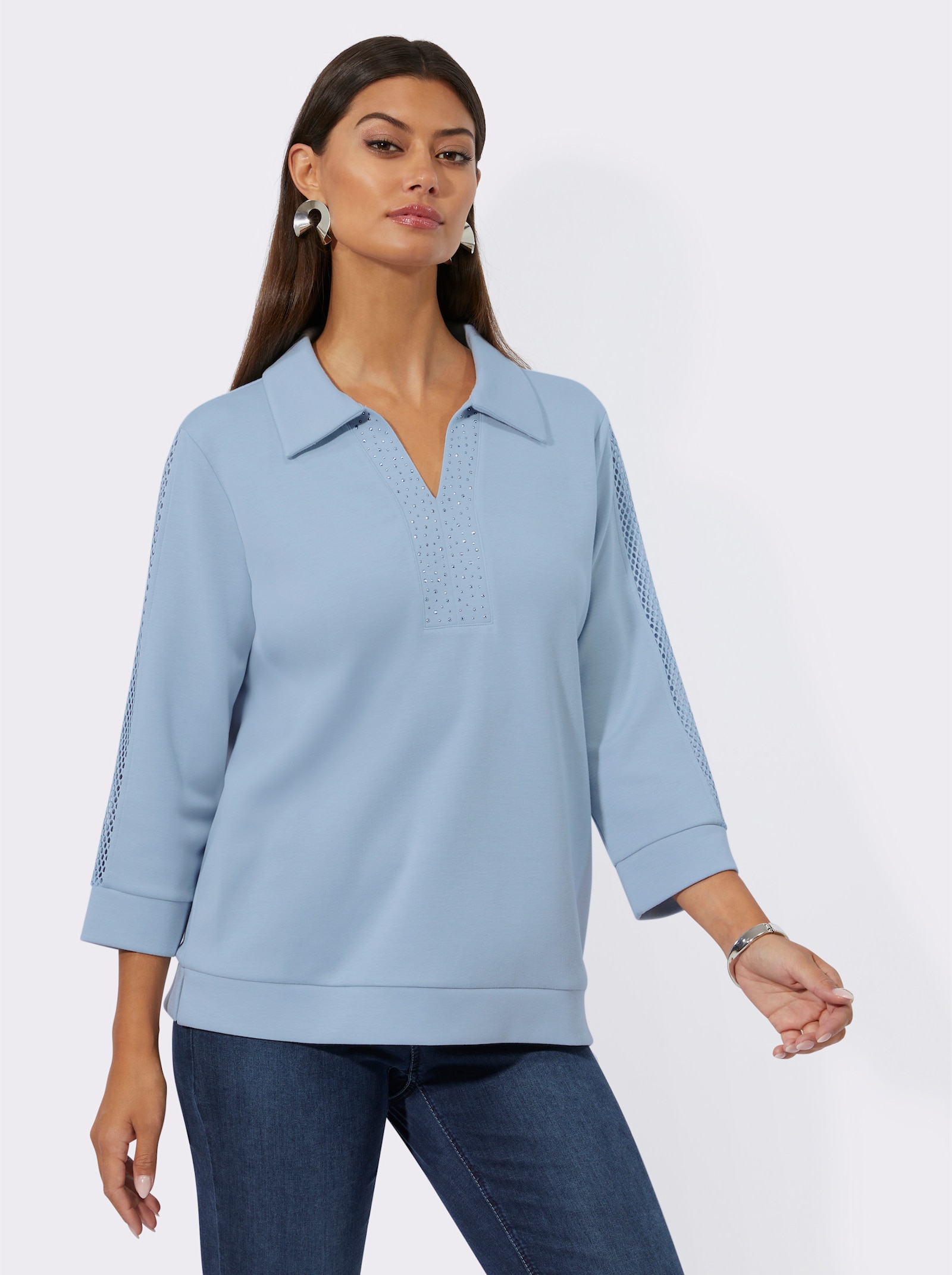 Sweatshirt mit Netzeinsatz entlang der Ärmel - hellblau