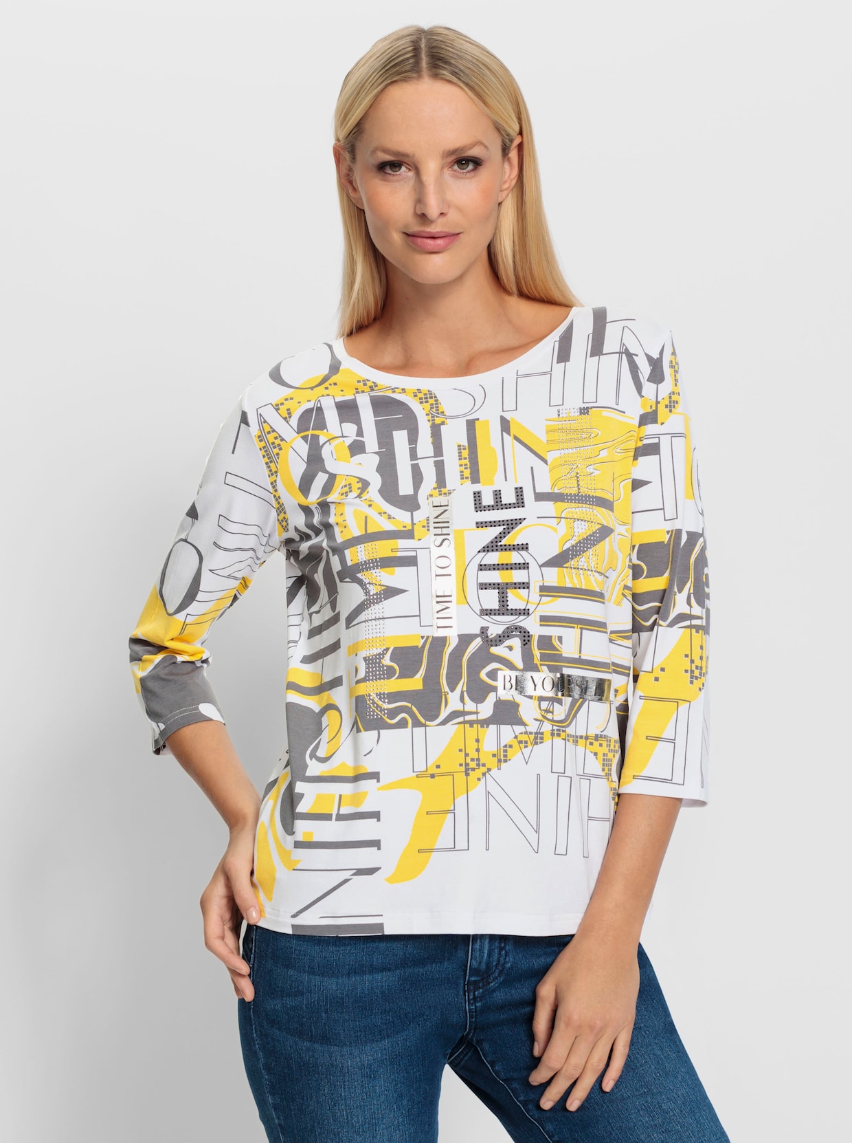 heine Shirt met ronde hals - zonnegeel/zwart bedrukt
