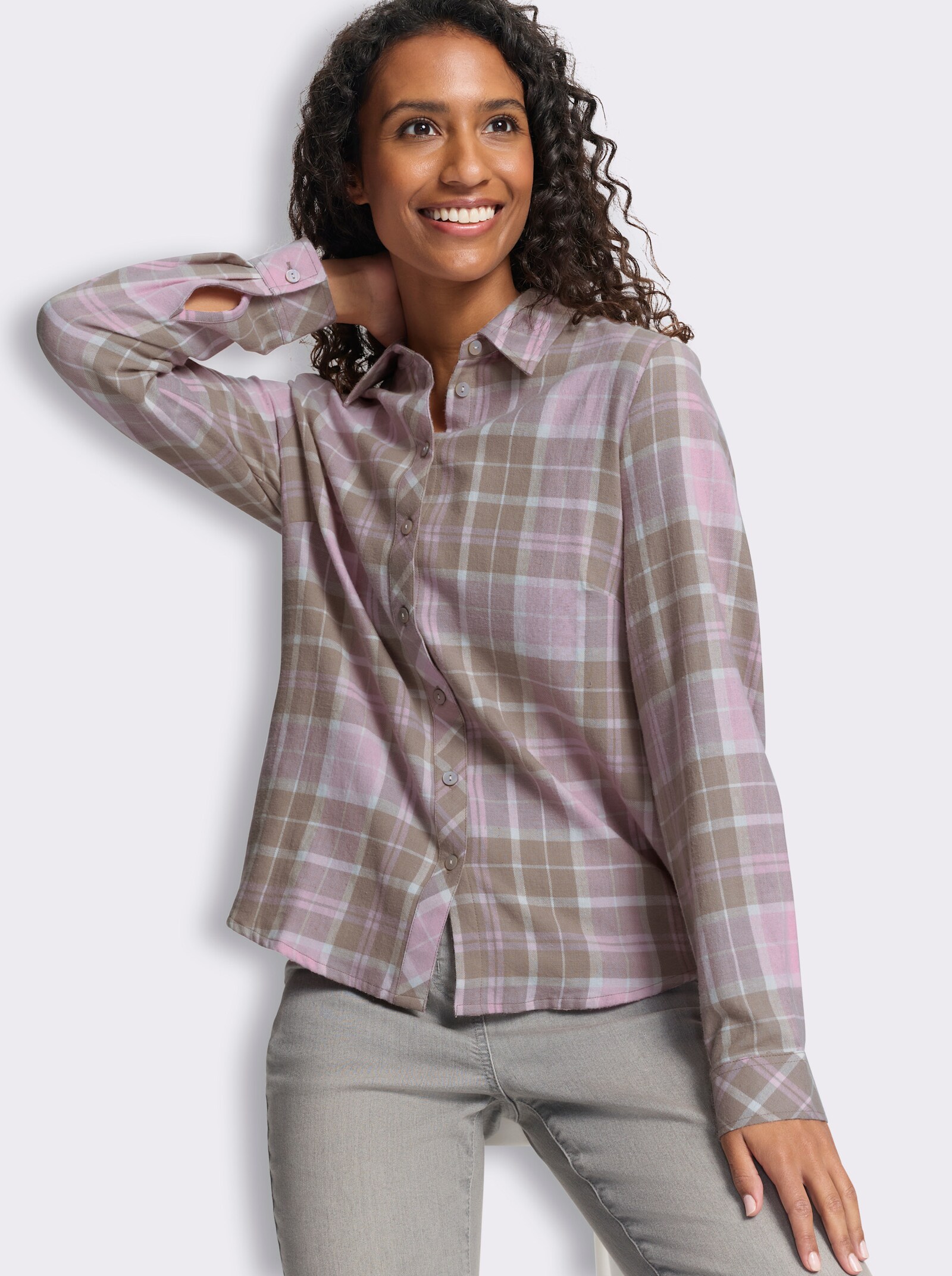 heine Flanellbluse mit Webkaro - sesam-rosé-kariert