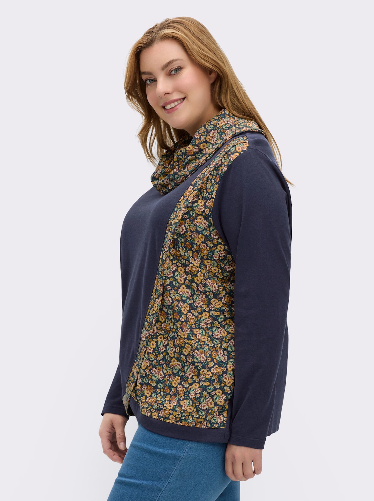 Rollkragenshirt in Wickel-Optik - marine-ocker-gemustert