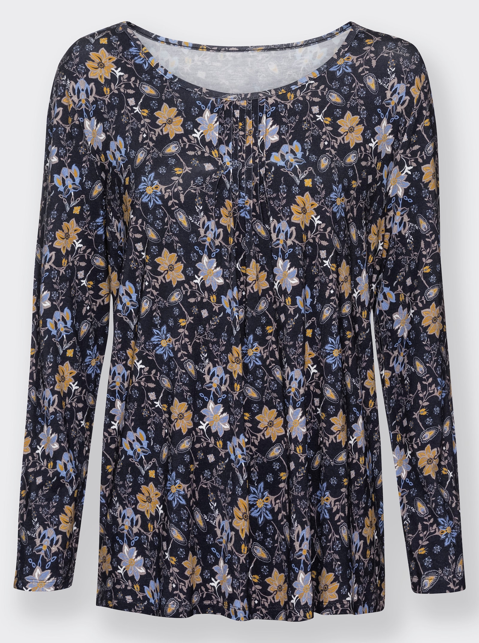 Print-Shirt aus Viskose-Stretch - marine-ocker-bedruckt