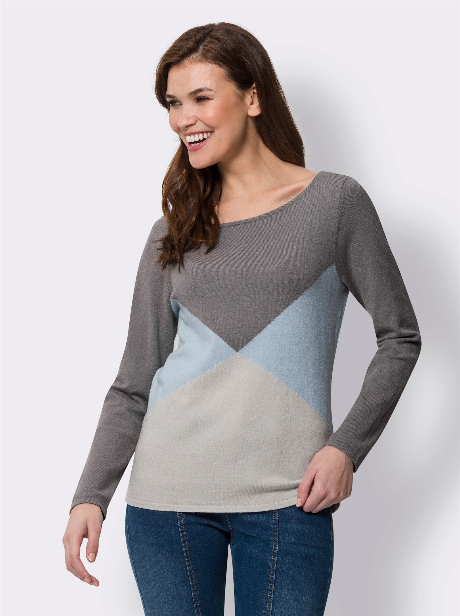 heine Feinstrickpullover mit grafischem Muster rundum - grau-hellblau-gemustert