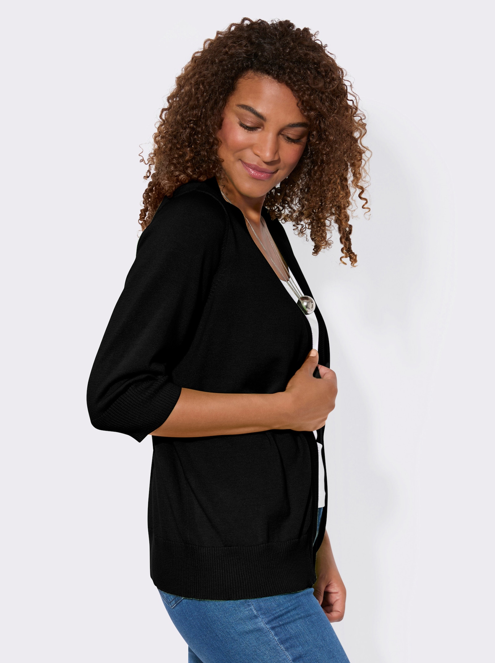 Feinstrickjacke mit gerippten Abschlüssen - schwarz