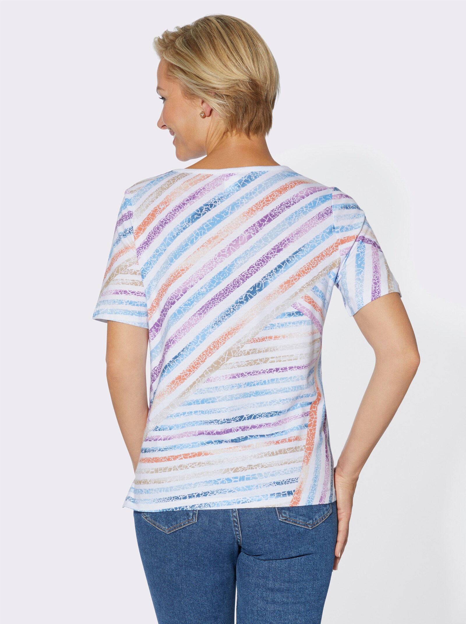 Streifenshirt mit Seitenschlitzen - weiß-himmelblau-bedruckt