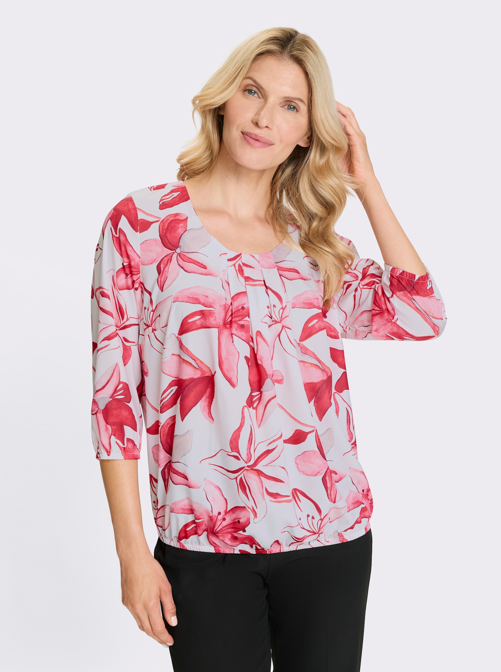 Schlupfbluse mit elastischen Abschlüssen - ecru-rot-bedruckt