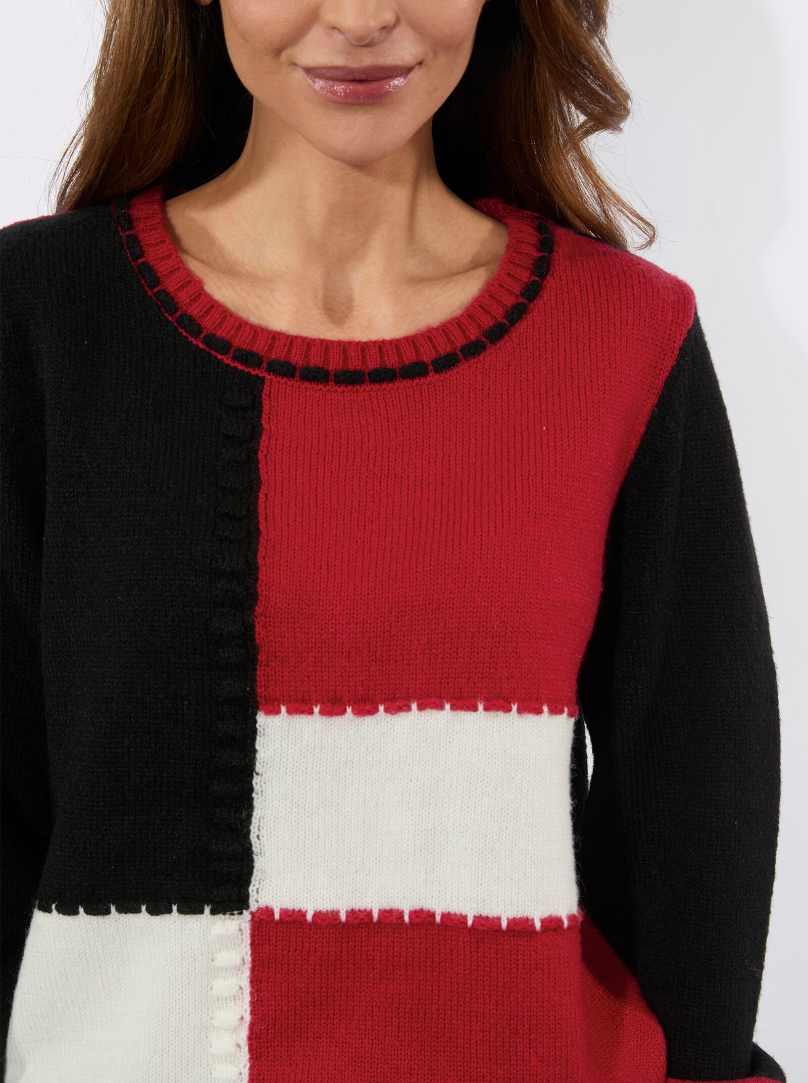Langarm-Pullover in Colour-Blocking-Optik - rot-schwarz