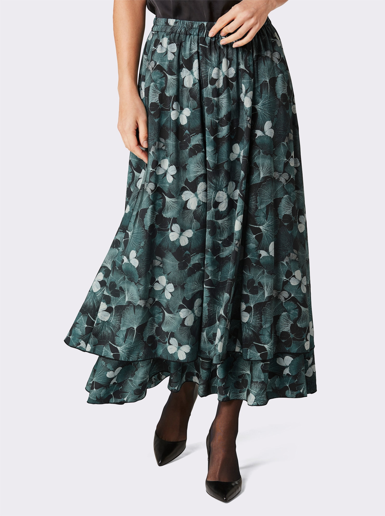 CREATION L PREMIUM Stufenrock im Blüten-Print - schwarz-petrol-bedruckt