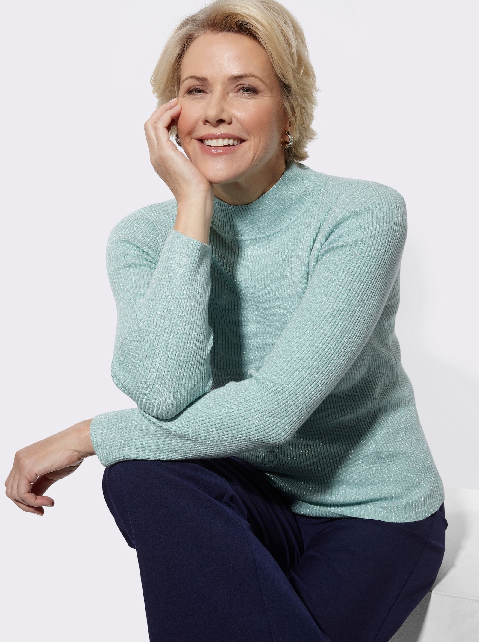 Stehkragenpullover mit Glanzgarn - mint-meliert