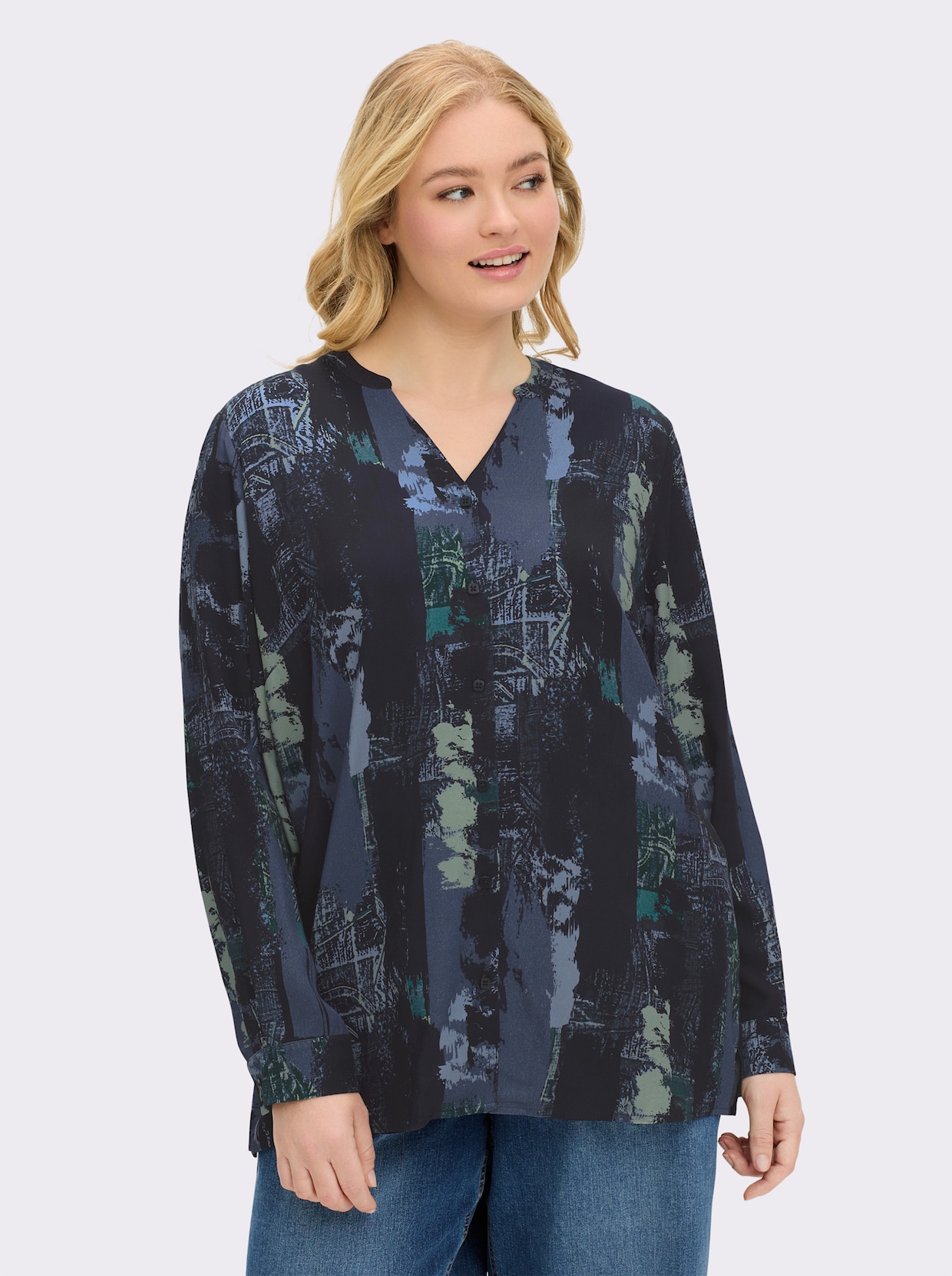 Langarmbluse aus reiner Viskose, bedruckt - ecru-dunkelblau-bedruckt