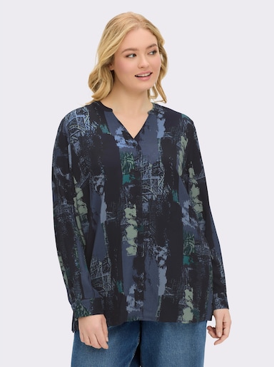 Langarmbluse aus reiner Viskose, bedruckt - ecru-dunkelblau-bedruckt