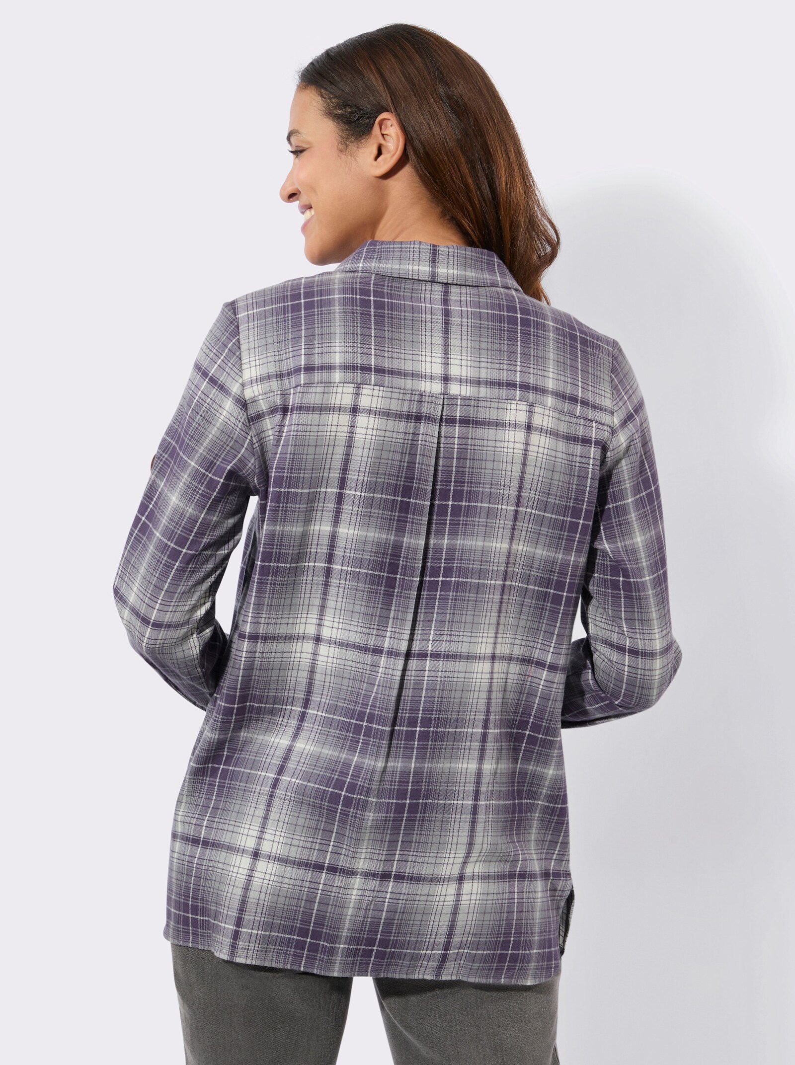 Flanellbluse mit Seitenschlitzen - feige-steingrau-kariert