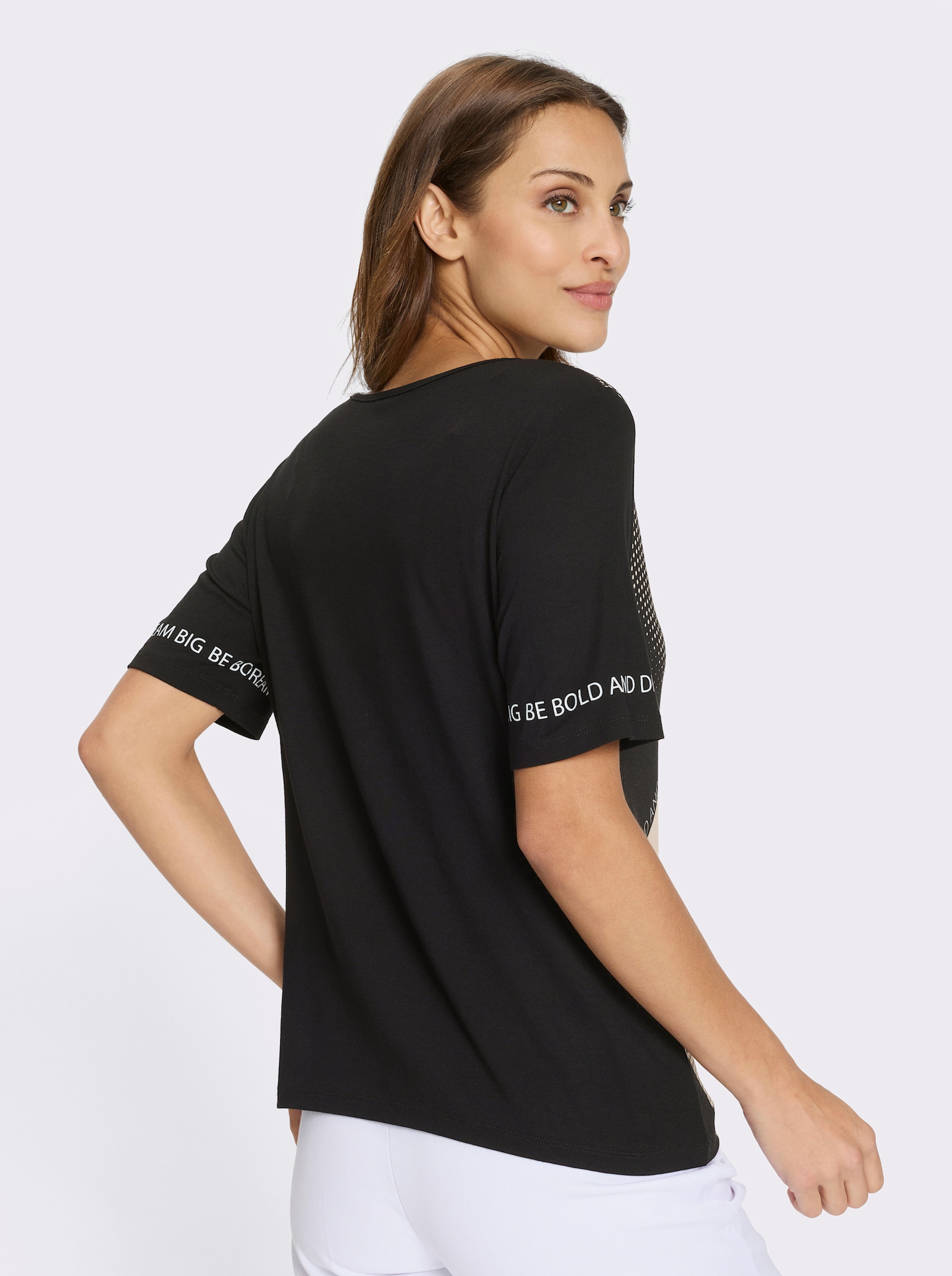 Kurzarmshirt mit einfarbigem Rückenteil - erdbeere-schwarz-bedruckt