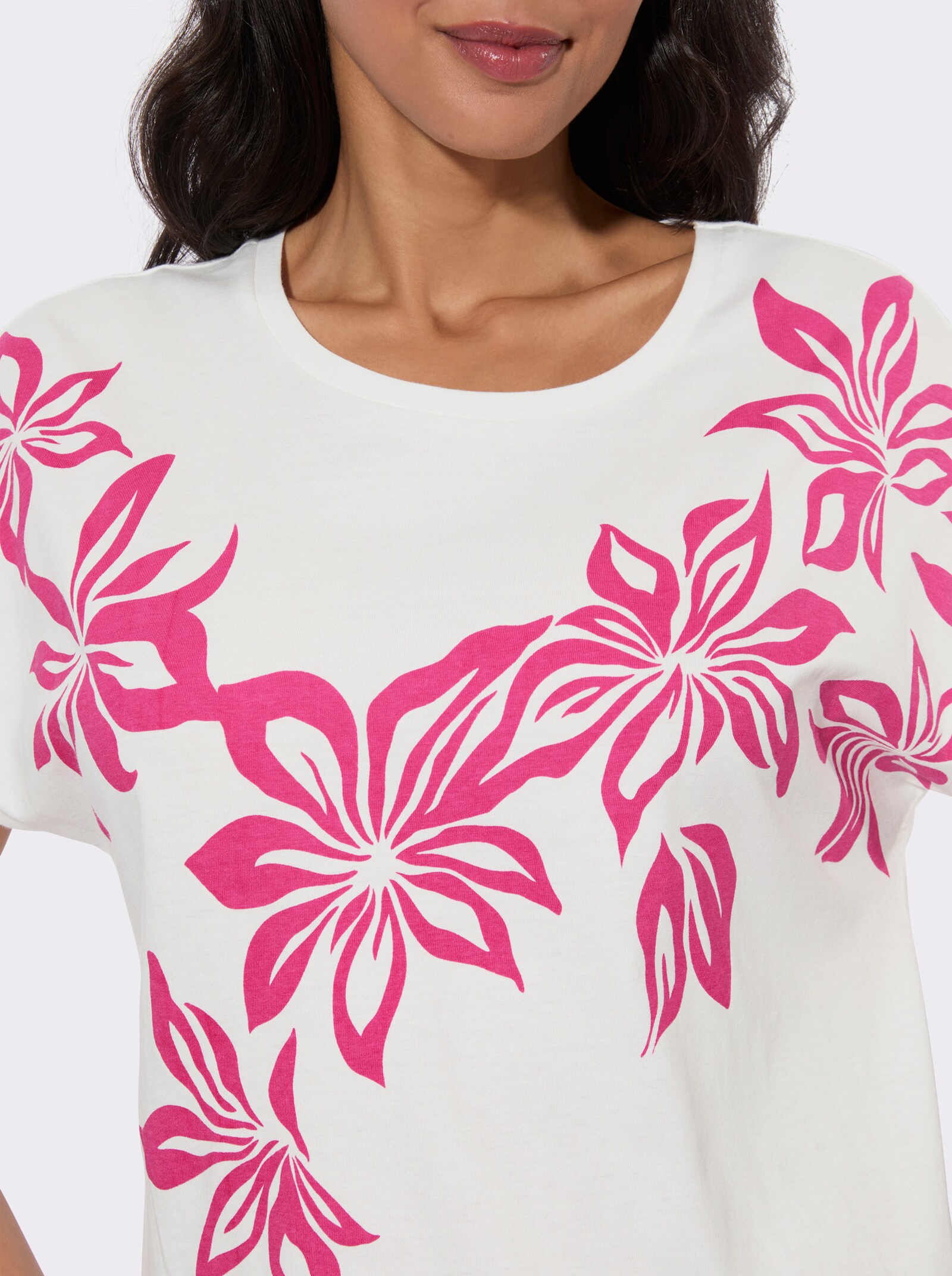 Kurzarmshirt mit Blumen-Druck im Vorderteil - ecru-fuchsia