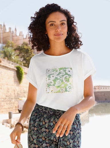 Rundhalsshirt - ecru-eucalyptus-bedruckt