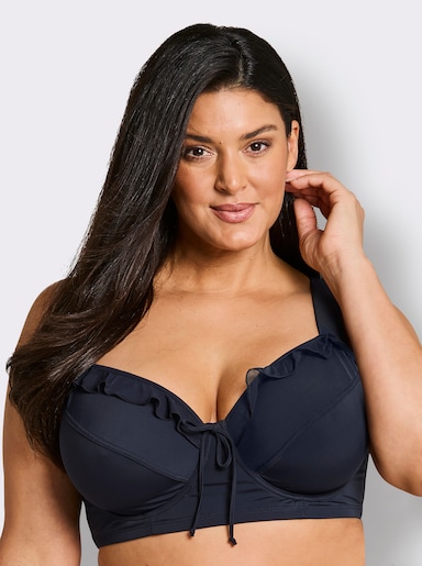 sheego Bikini-Oberteil mit Mesh-Volants und Zierschleife - tiefblau
