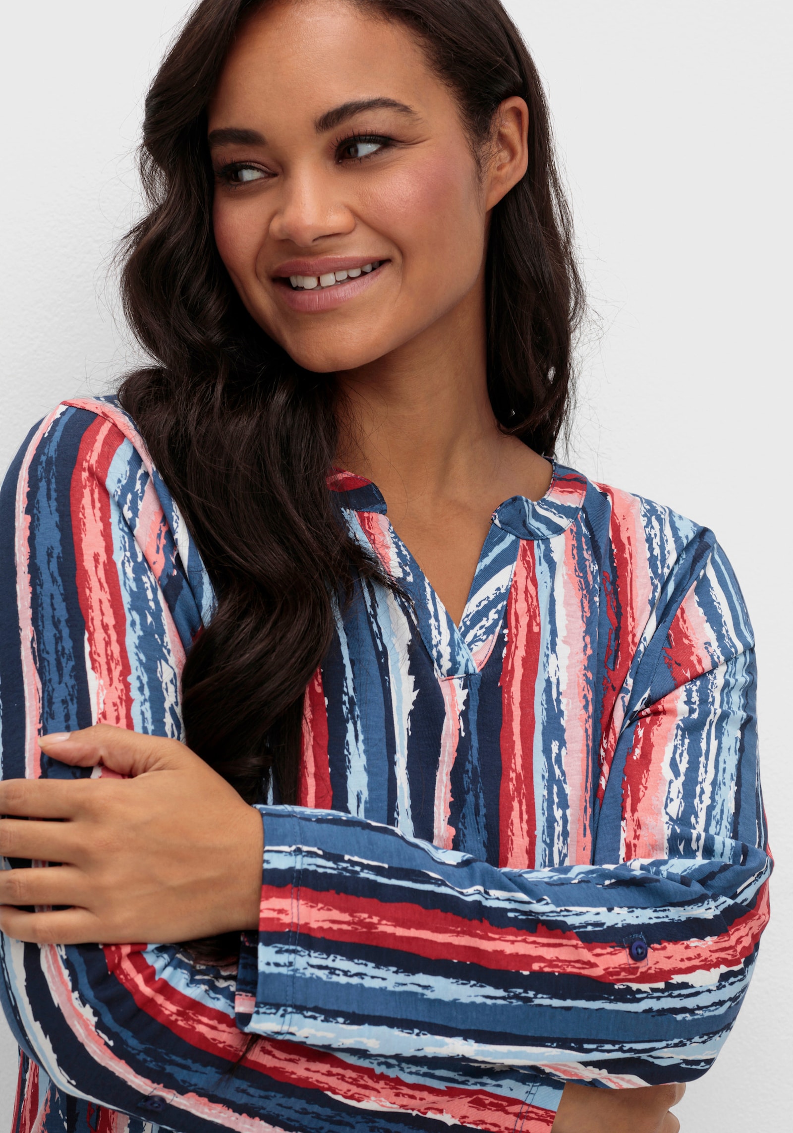 Langarmshirt mit Krempelärmel - marine-erdbeere-bedruckt