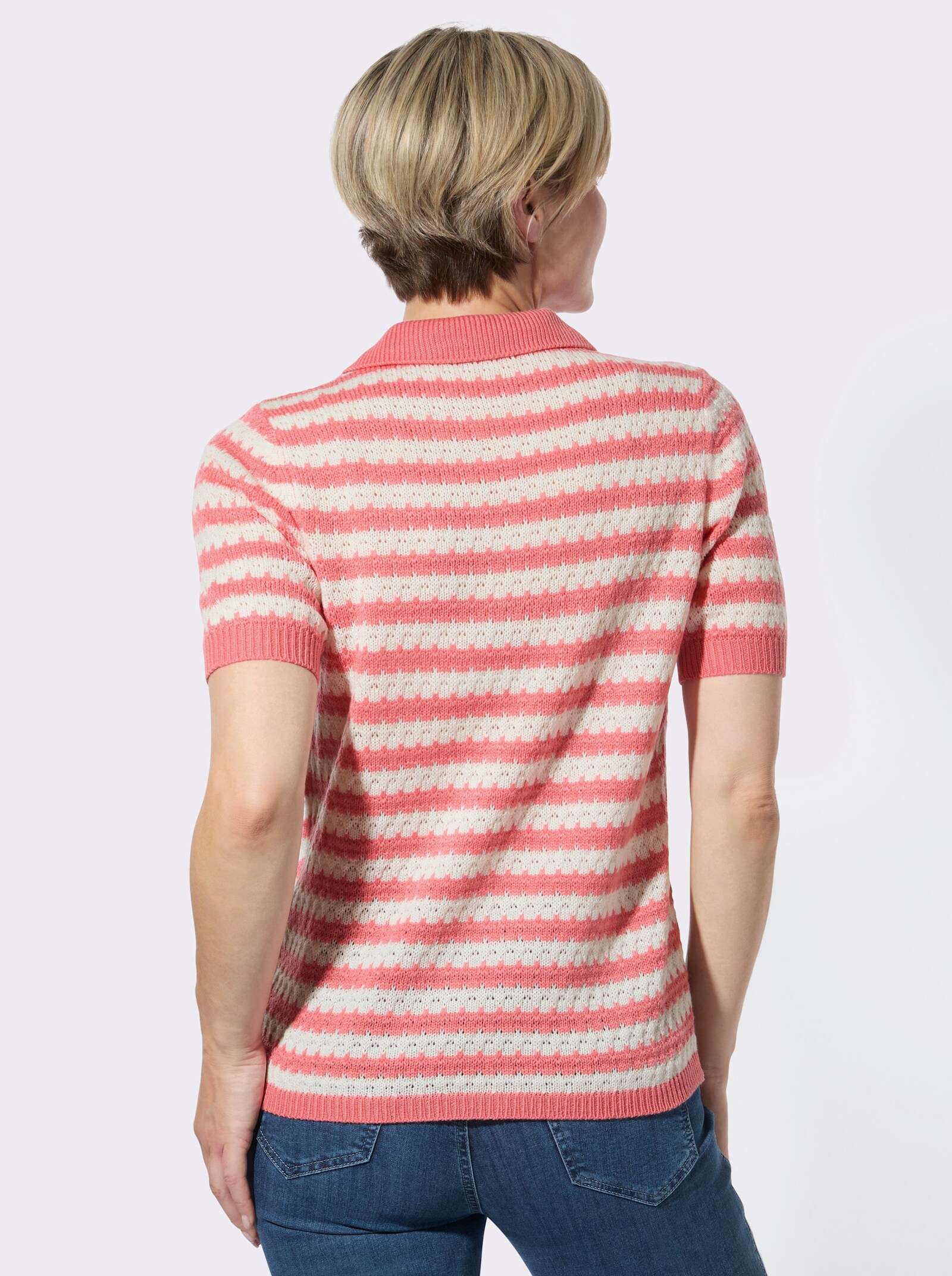 Polopullover mit Ajourmuster - flamingo-ecru-geringelt