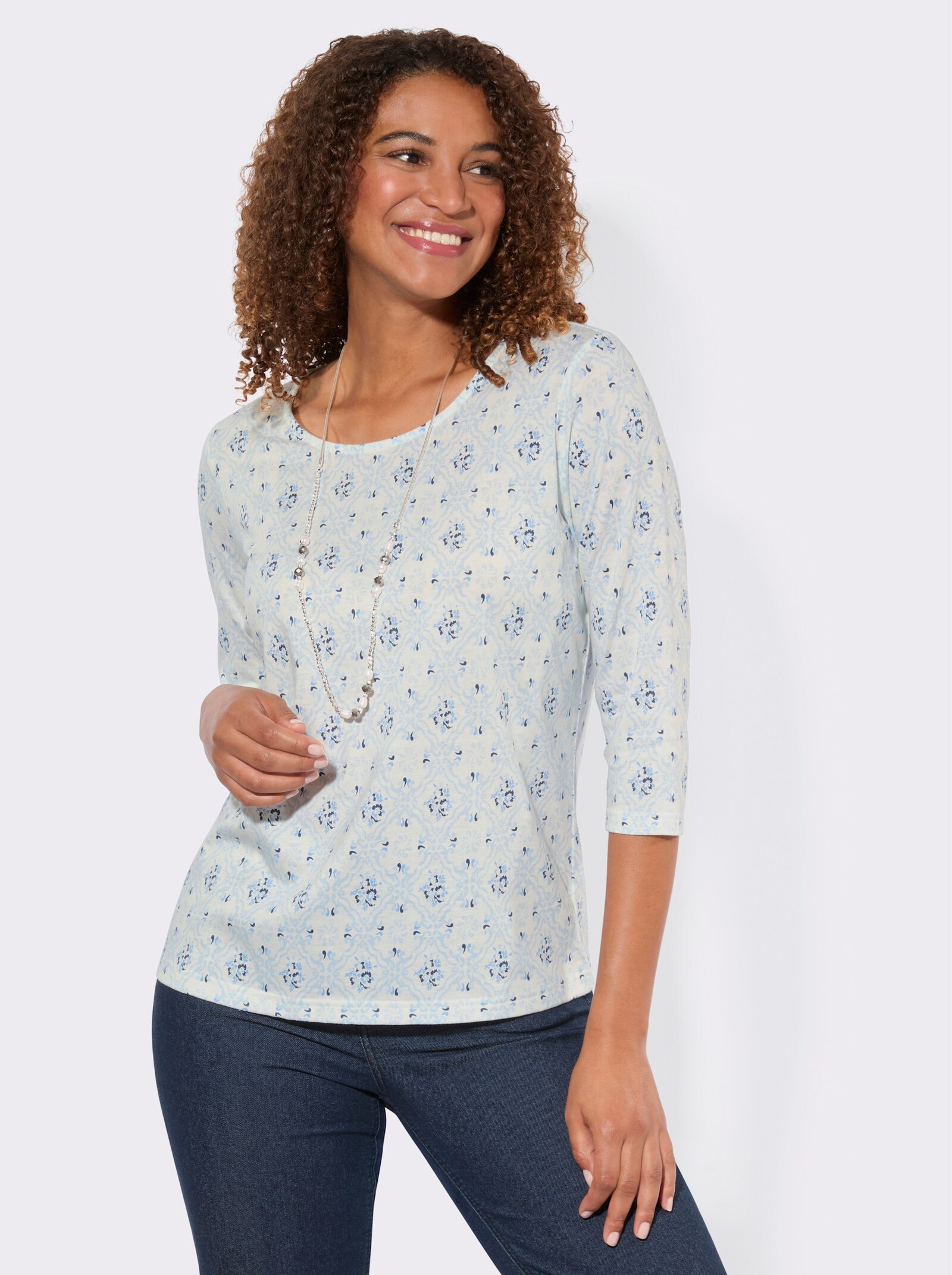 Print-Shirt mit Rundhals-Ausschnitt - ecru-dunkelblau-bedruckt