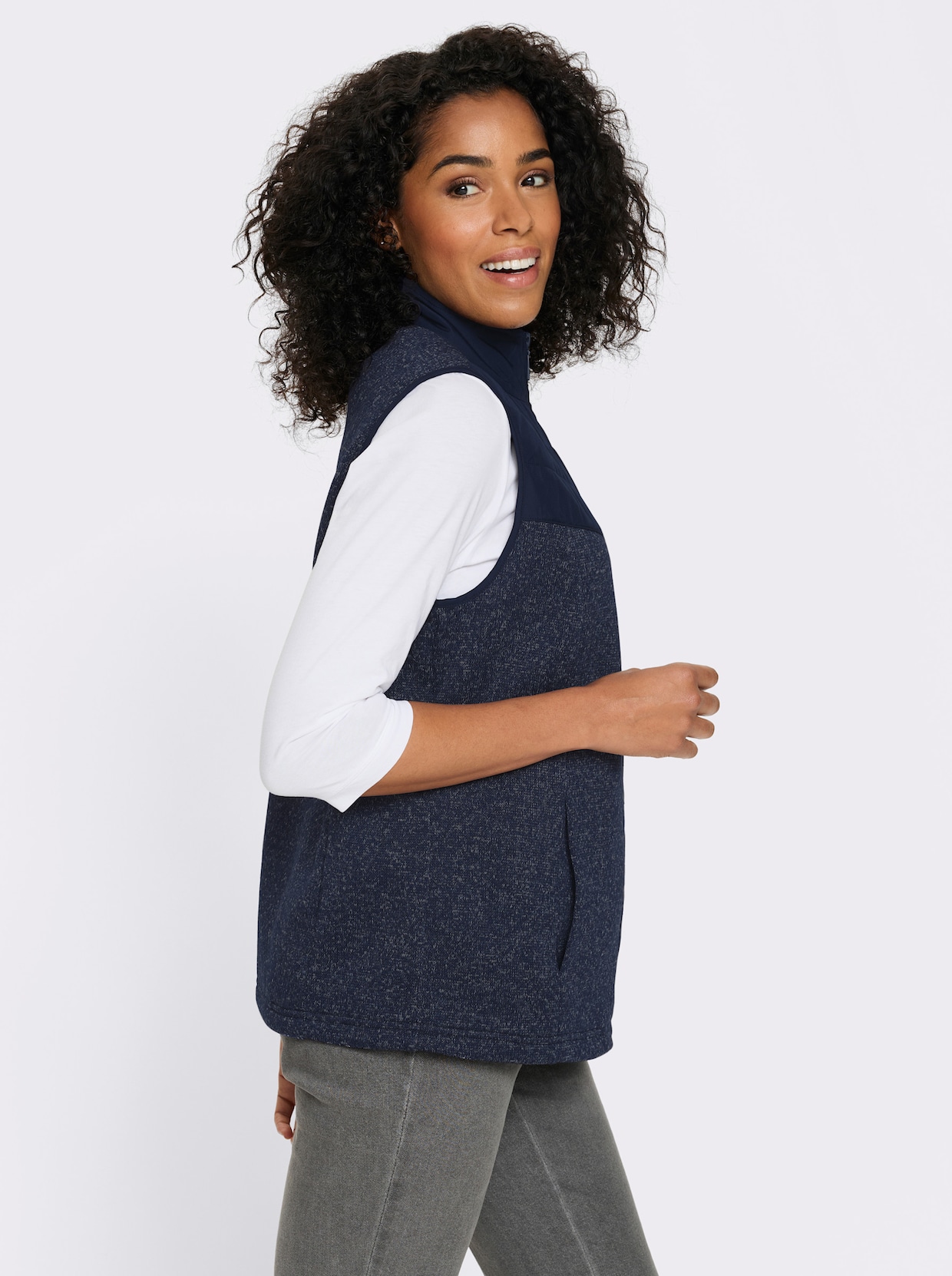 Fleeceweste mit gesteppten Einsätzen - marine-meliert