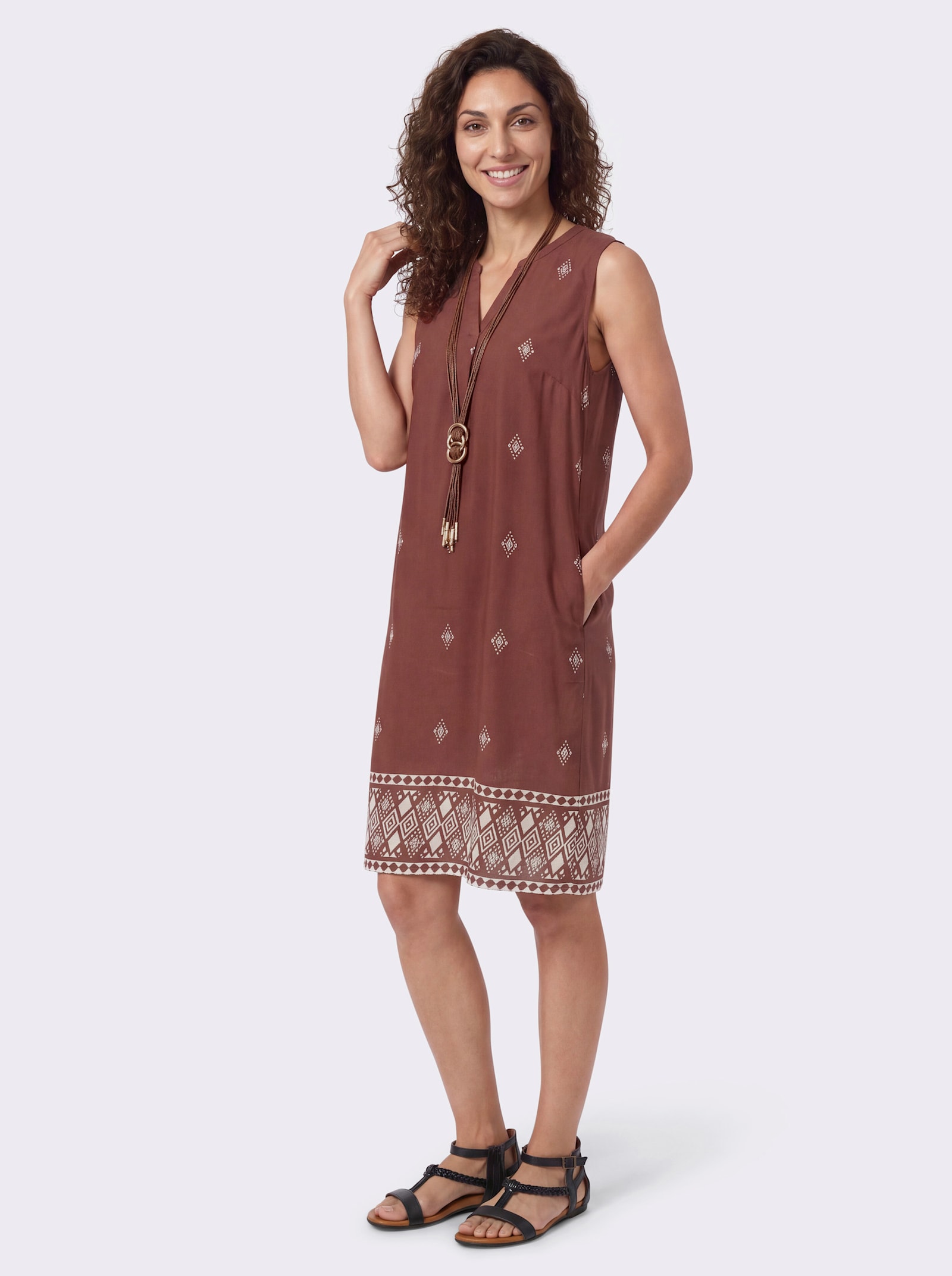 Druckkleid aus reiner Viskose - rotbraun-elfenbein-bedruckt