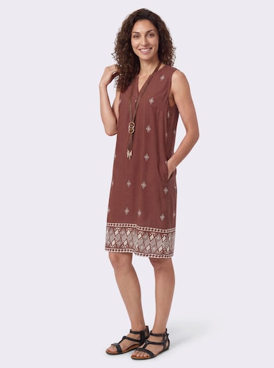 Druckkleid aus reiner Viskose - rotbraun-elfenbein-bedruckt