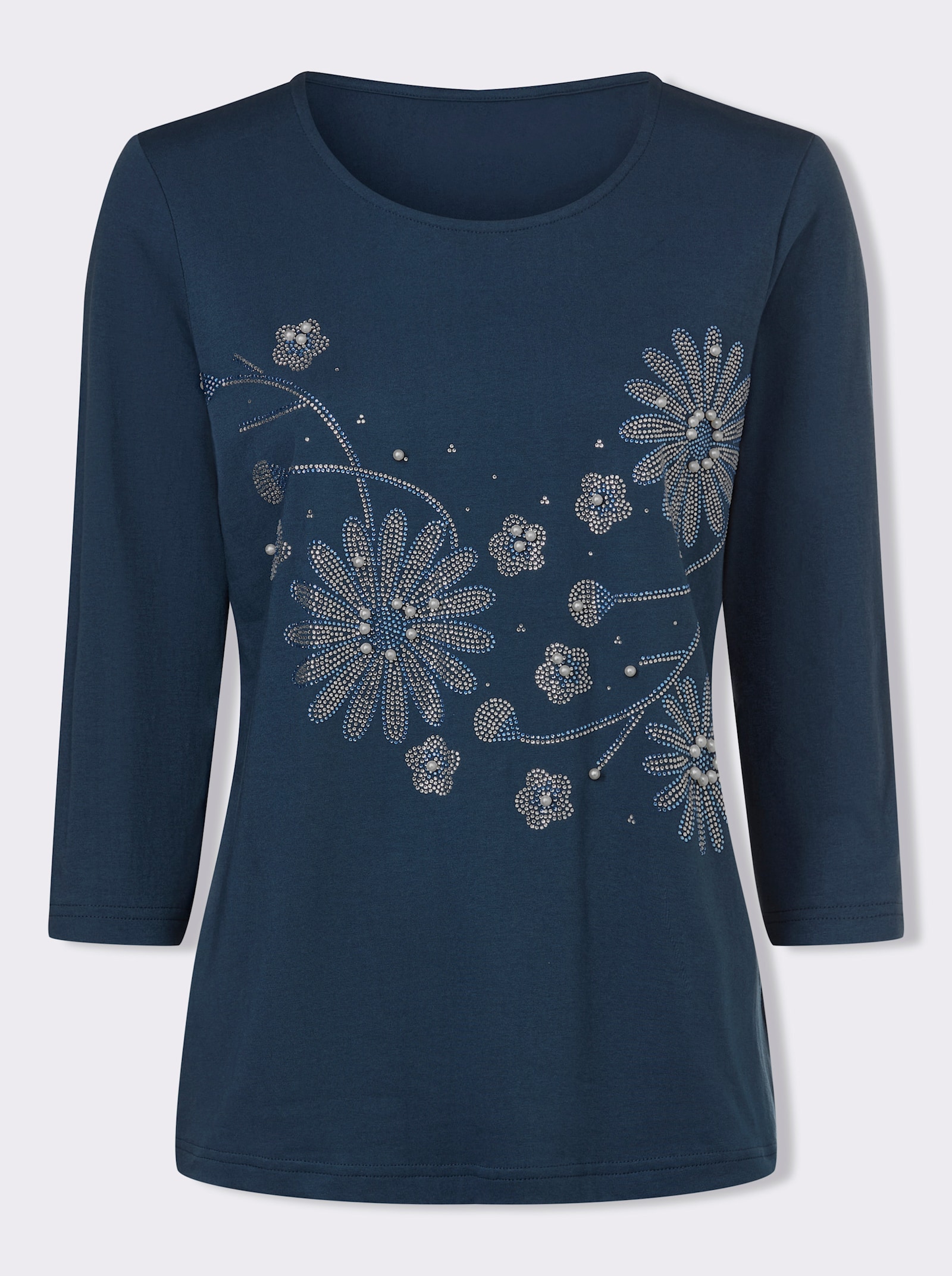 Rundhalsshirt mit Zierperlen und Glitzersteinchen - dunkelblau