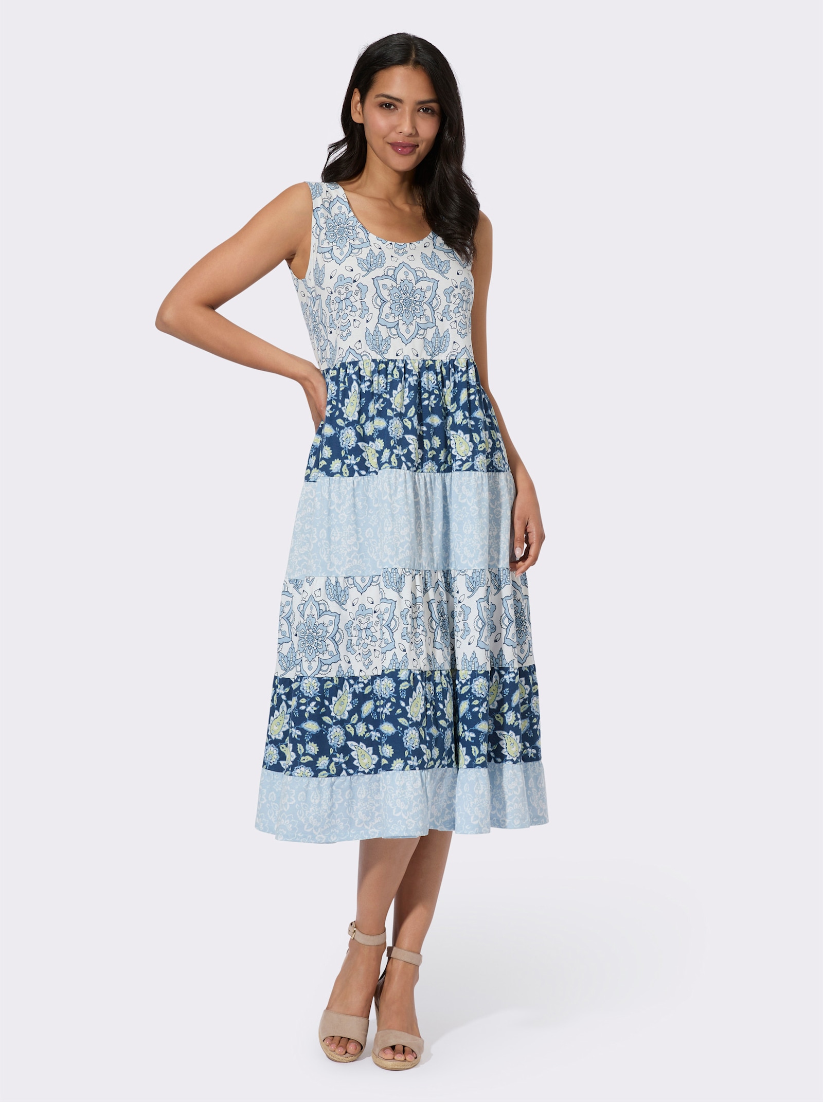 Jerseykleid mit verschiedenen Floral-Mustern - mittelblau-eisblau-bedruckt