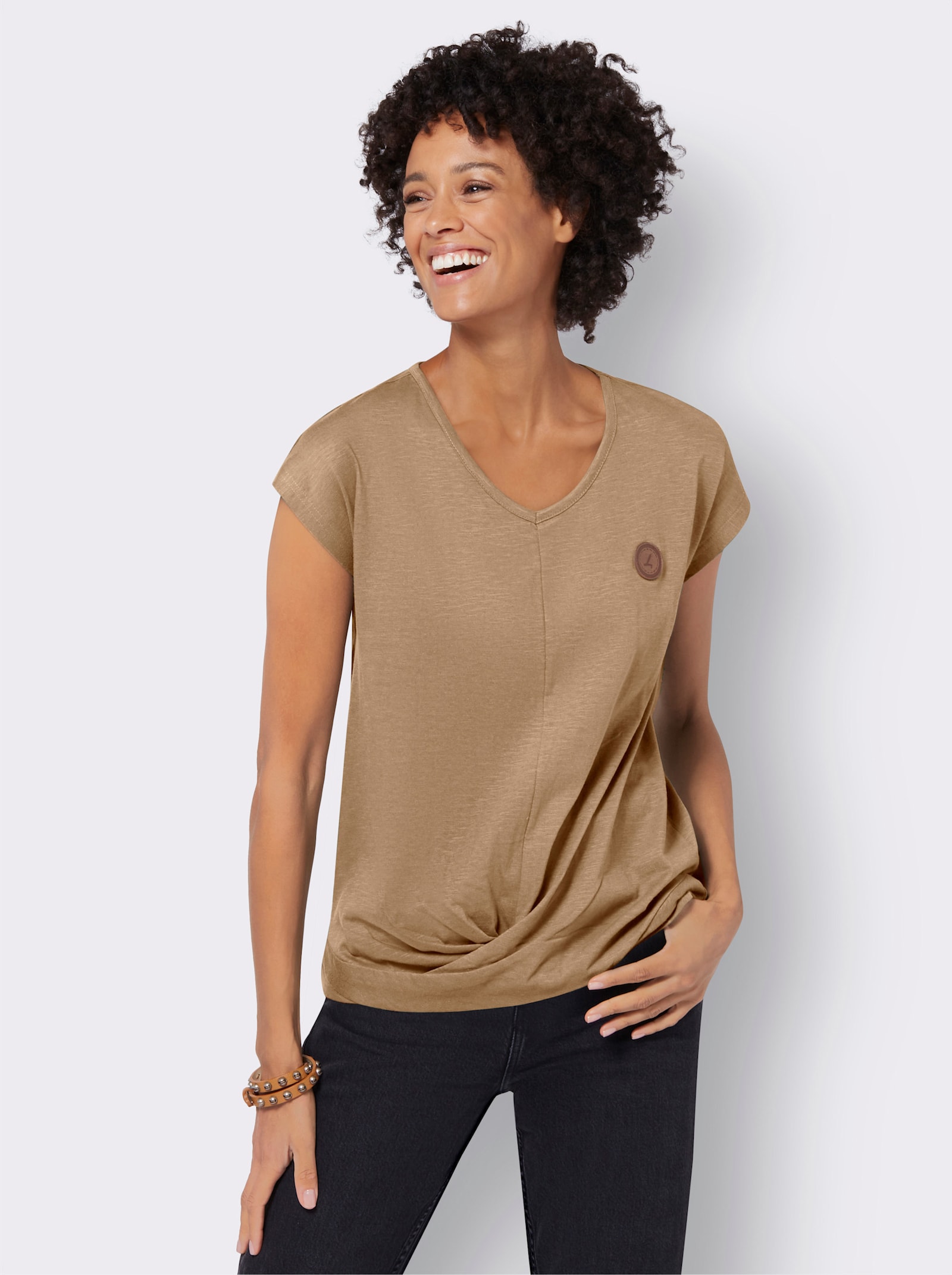 Kurzarmshirt Saum in Knoten-Optik - camel