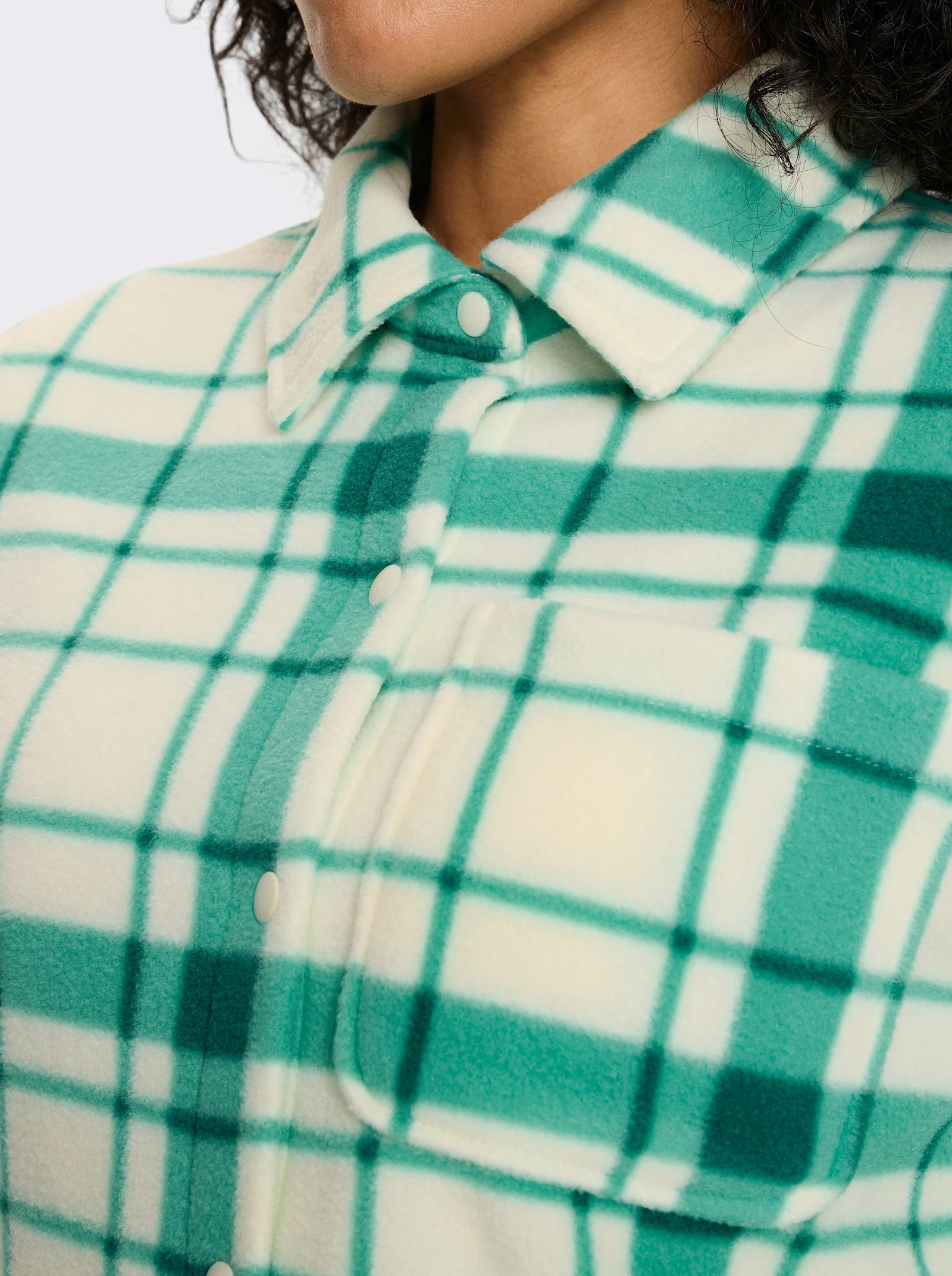 Fleecejacke mit längerem Saum im Rückteil - blaugrün-champagner-kariert