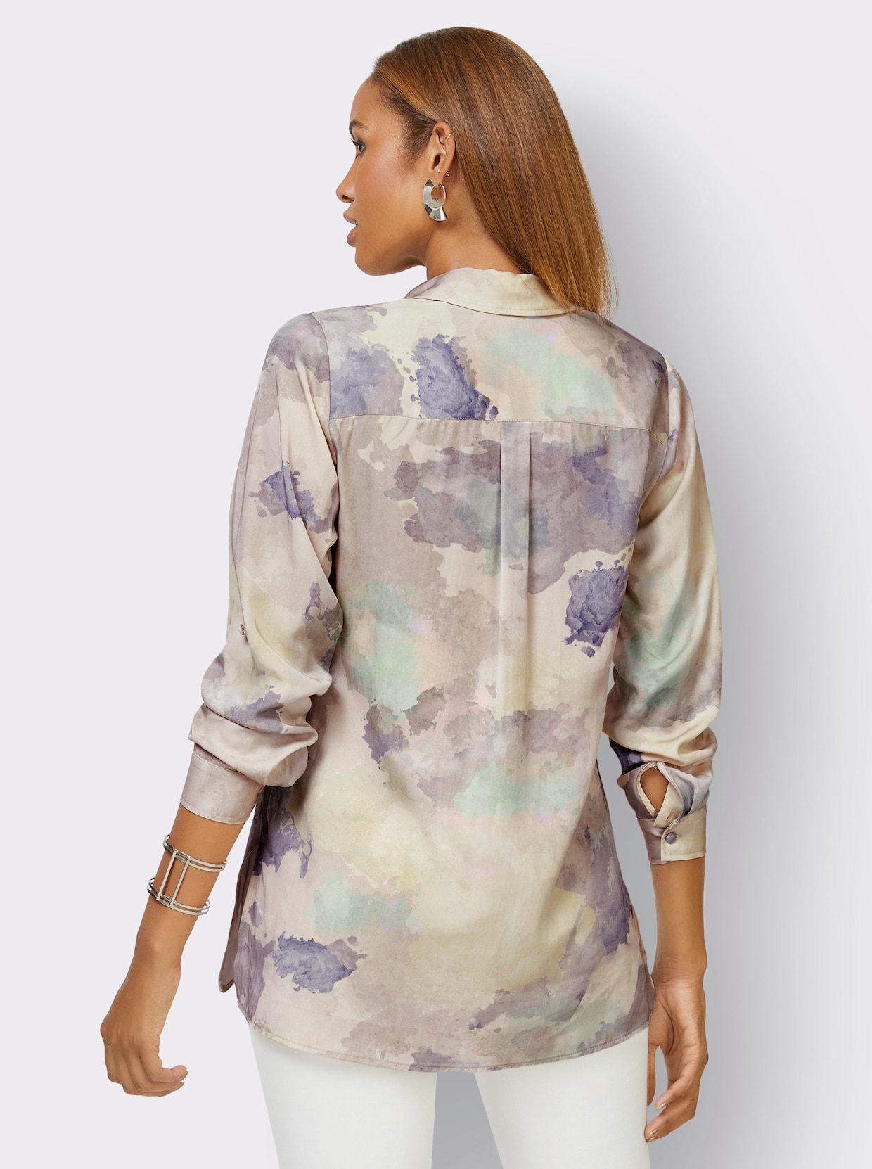 Longline blouse - champagne/jeansblauw bedrukt