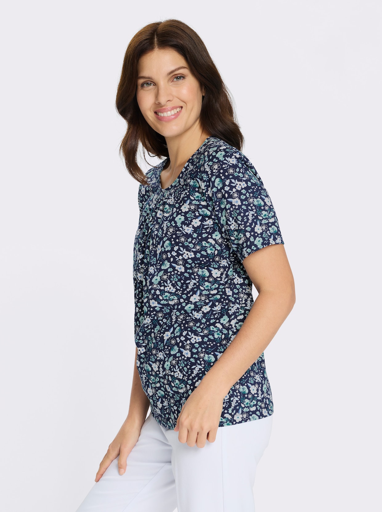 Kurzarmshirt mit floralem Allover-Druck - marine-jade-bedruckt