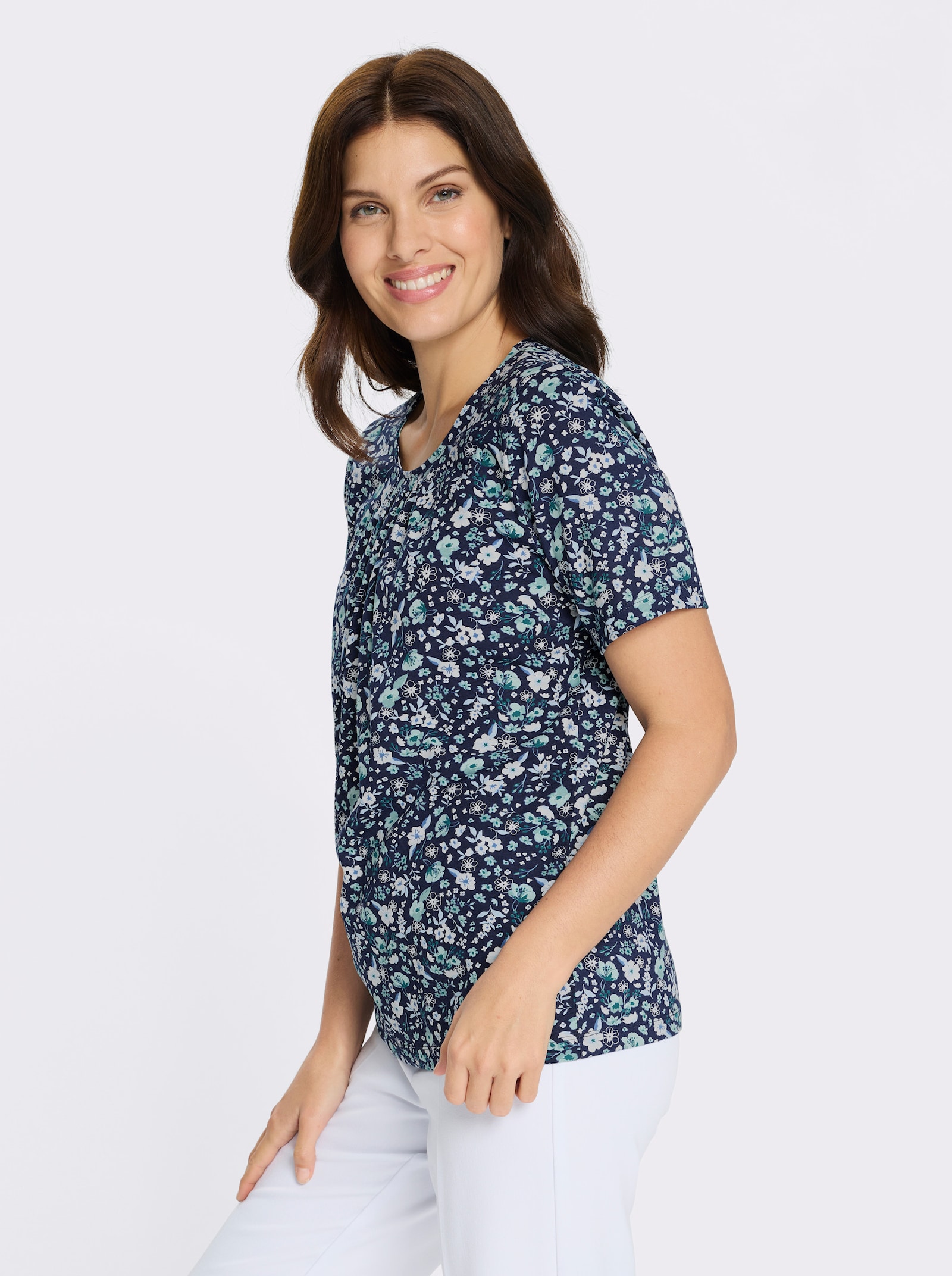 Kurzarmshirt mit floralem Allover-Druck - marine-jade-bedruckt