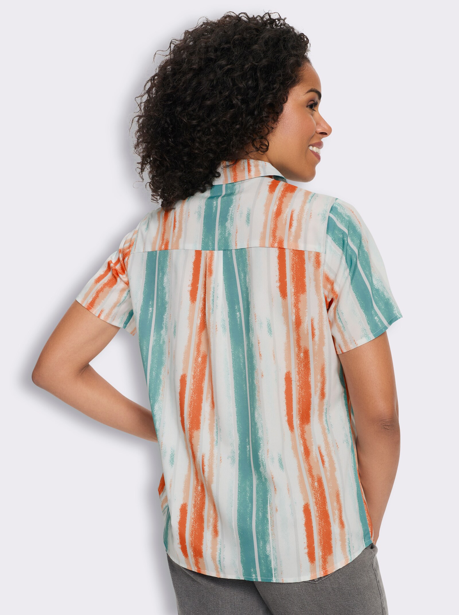 Blouse met korte mouwen en afgeronde zoom - apricot/oceaan bedrukt