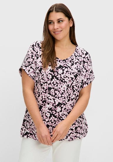 sheego T-Shirt mit Blumendruck und Saum-Gummizug - schwarz-champagner-gemustert