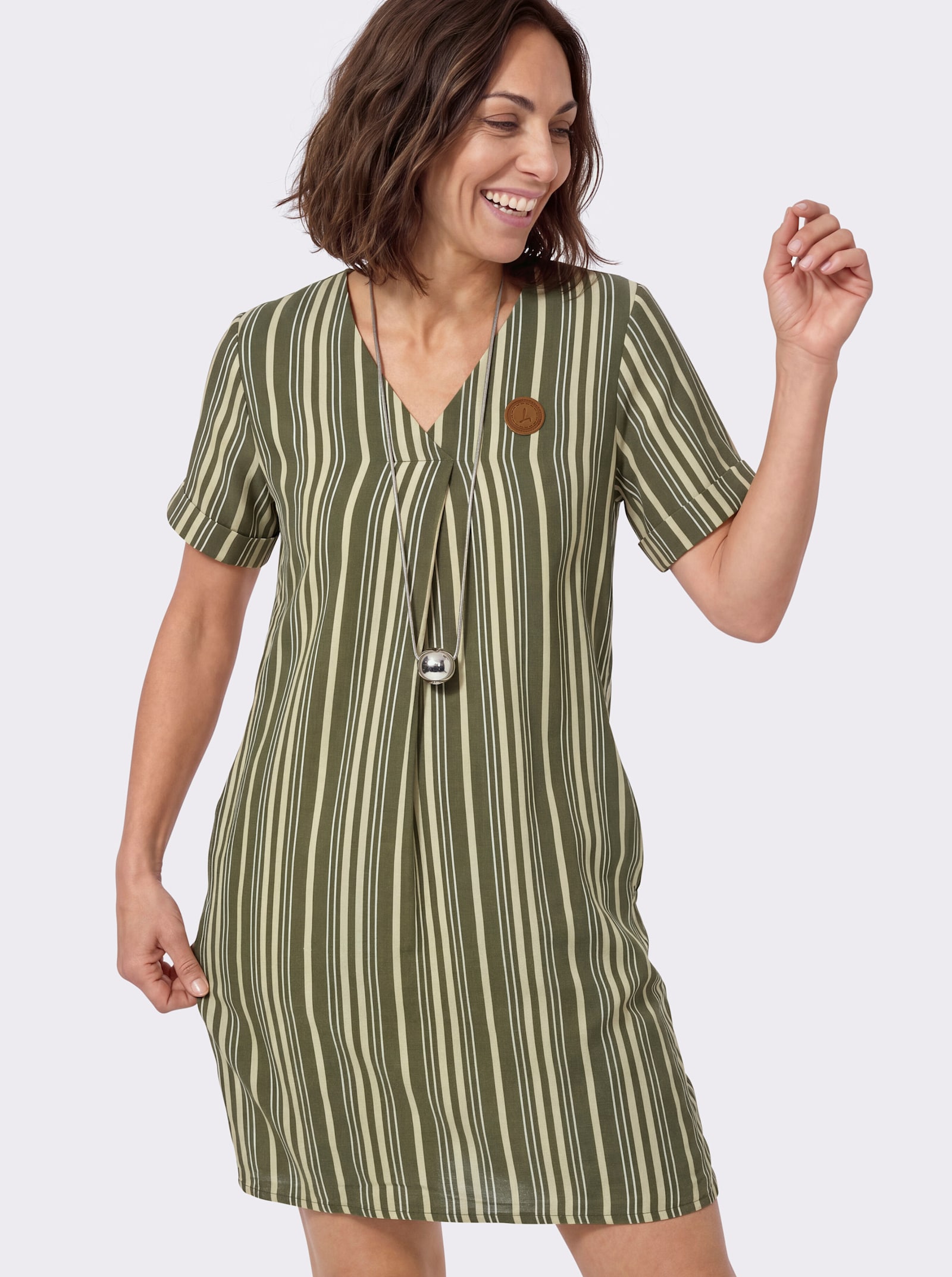 Webkleid in A-Form - oliv-sand-gestreift