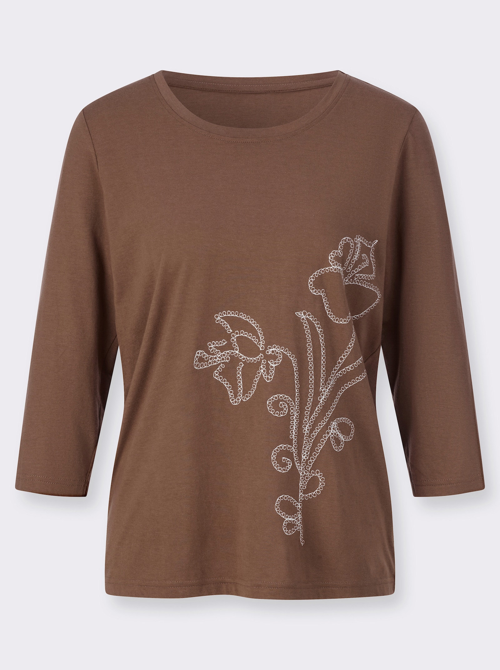 Rundhalsshirt mit kontrastfarbiger Stickerei - braun