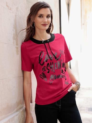 Kurzarmshirt mit Foliendruck - pink-schwarz