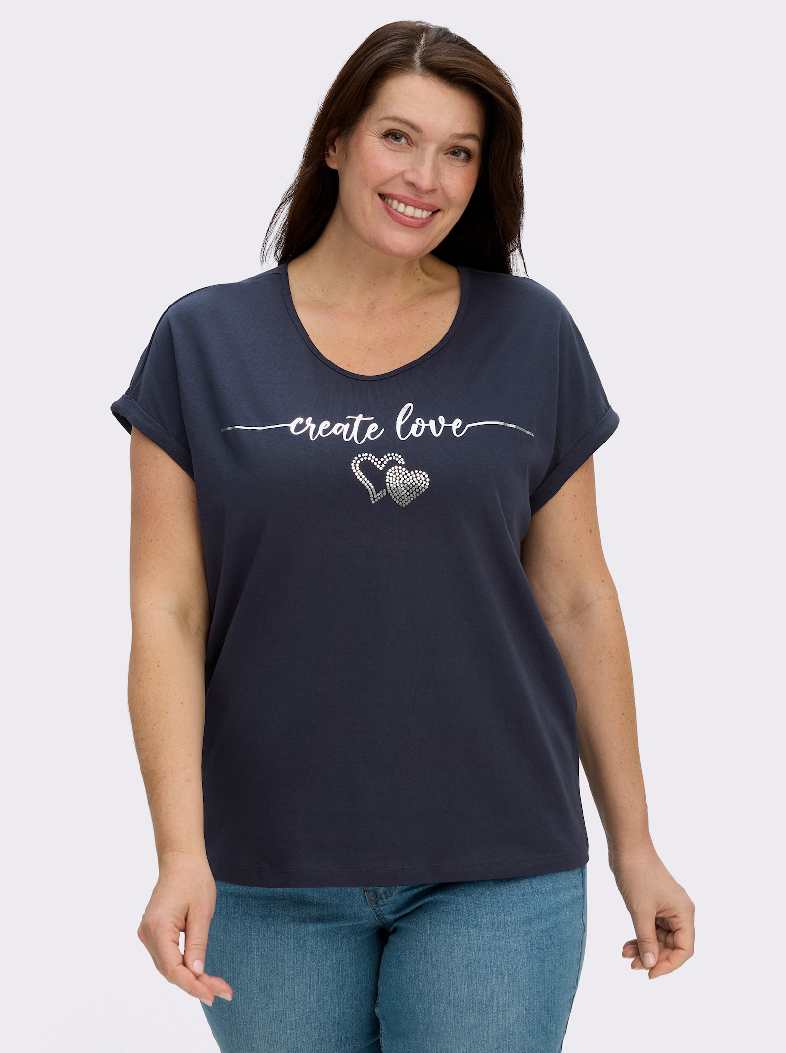 Rundhalsshirt mit Ärmel-Aufschlag - marine