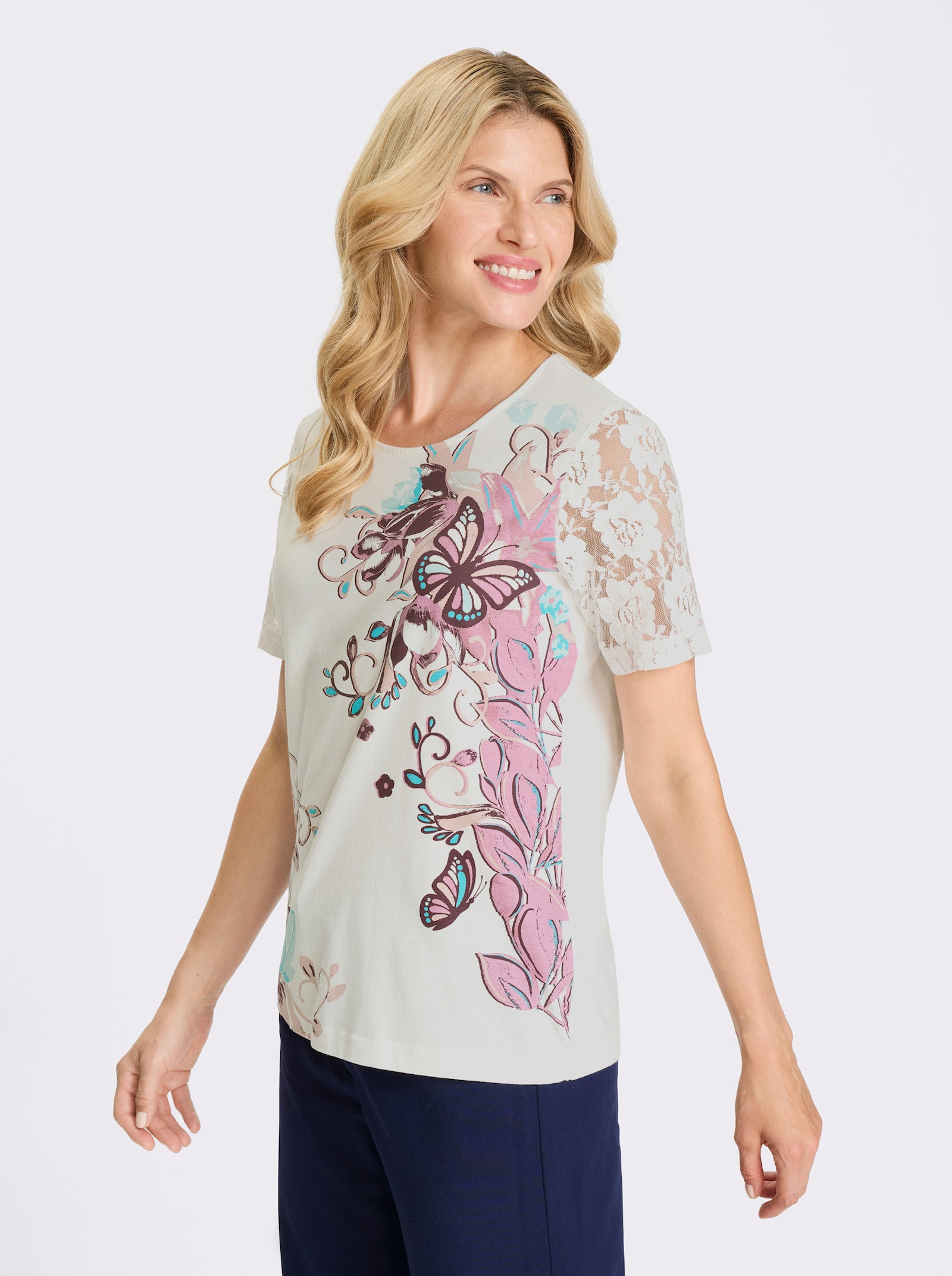 Spetströja med placerat tryck - ecru-gammalrosa, med tryck