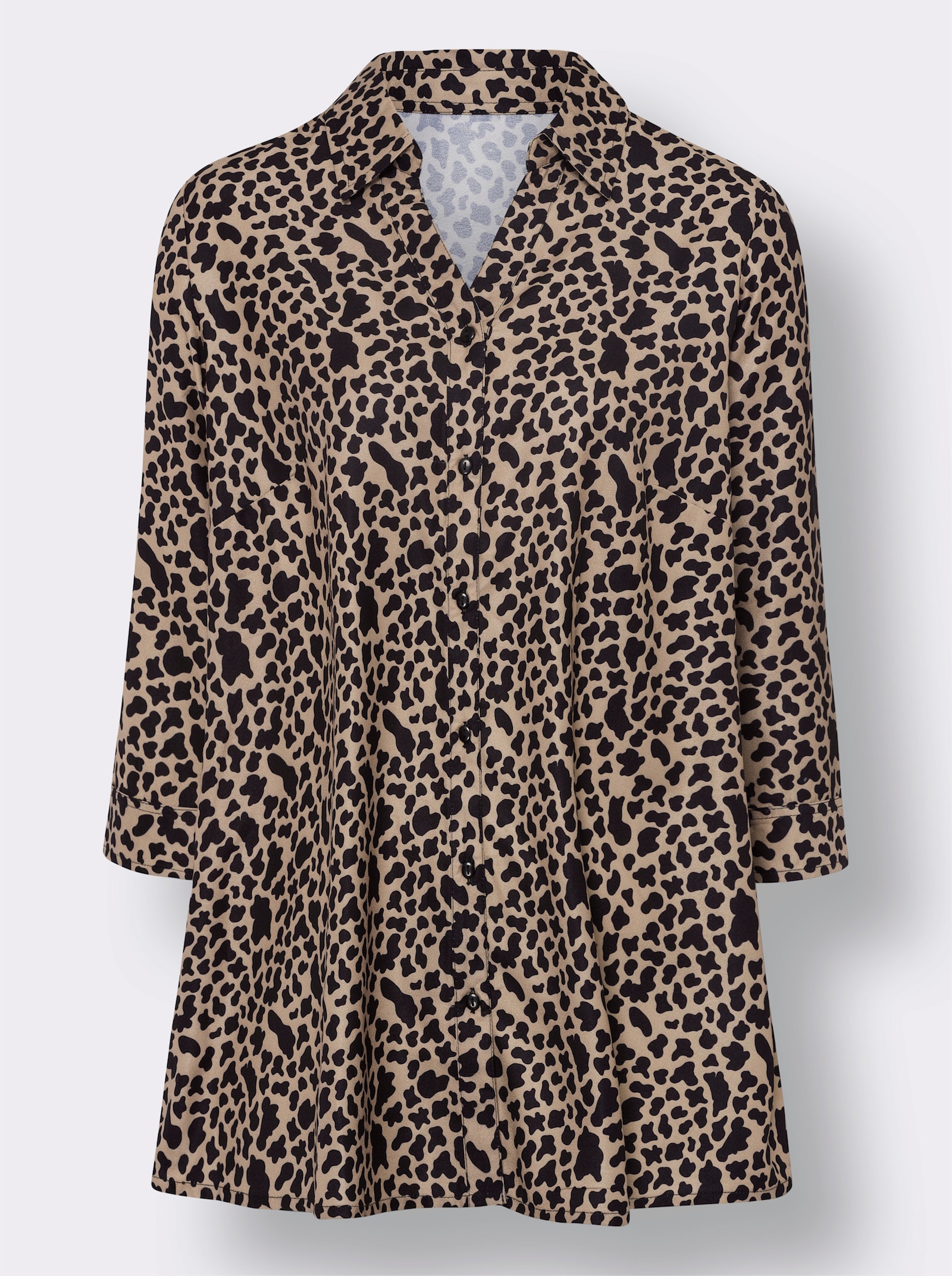 Lång blus i utställd modell - kamel-svart, tryckt