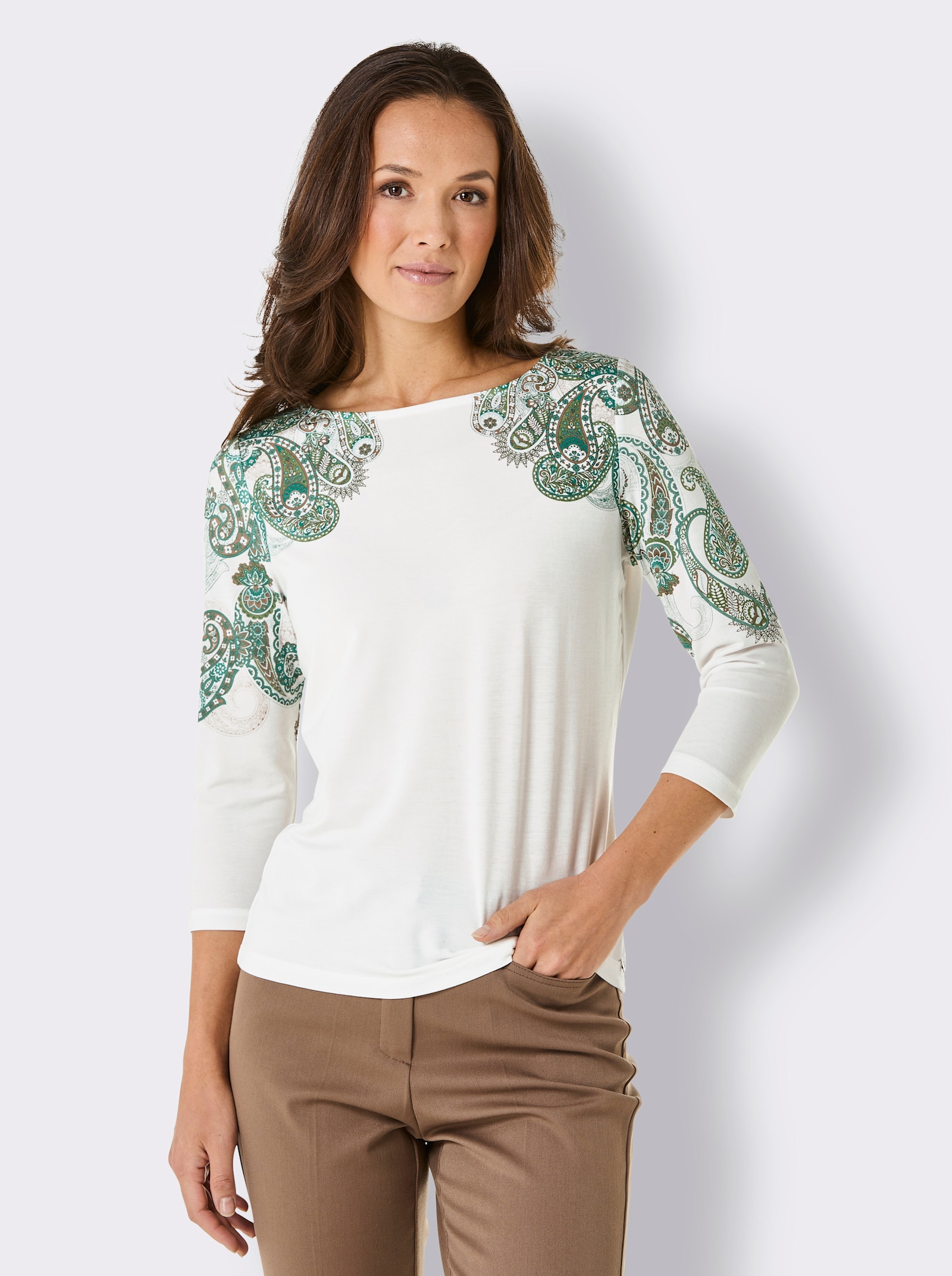 CREATION L PREMIUM 3/4-Arm-Shirt in TENCEL-Qualität - ecru-salbei-bedruckt