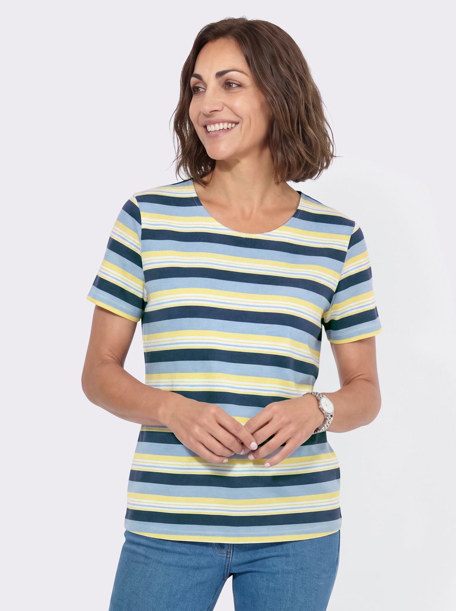Ringelshirt mit Rundhals-Ausschnitt - dunkelblau-zitrone-gestreift