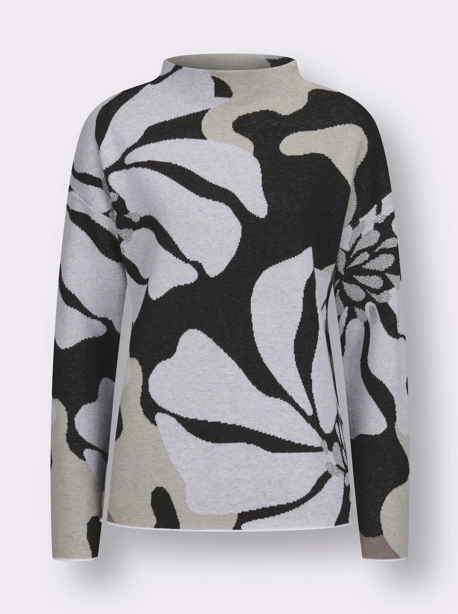 Jacquard-Pullover mit Glitzergarn, floral - schwarz-ecru-gemustert