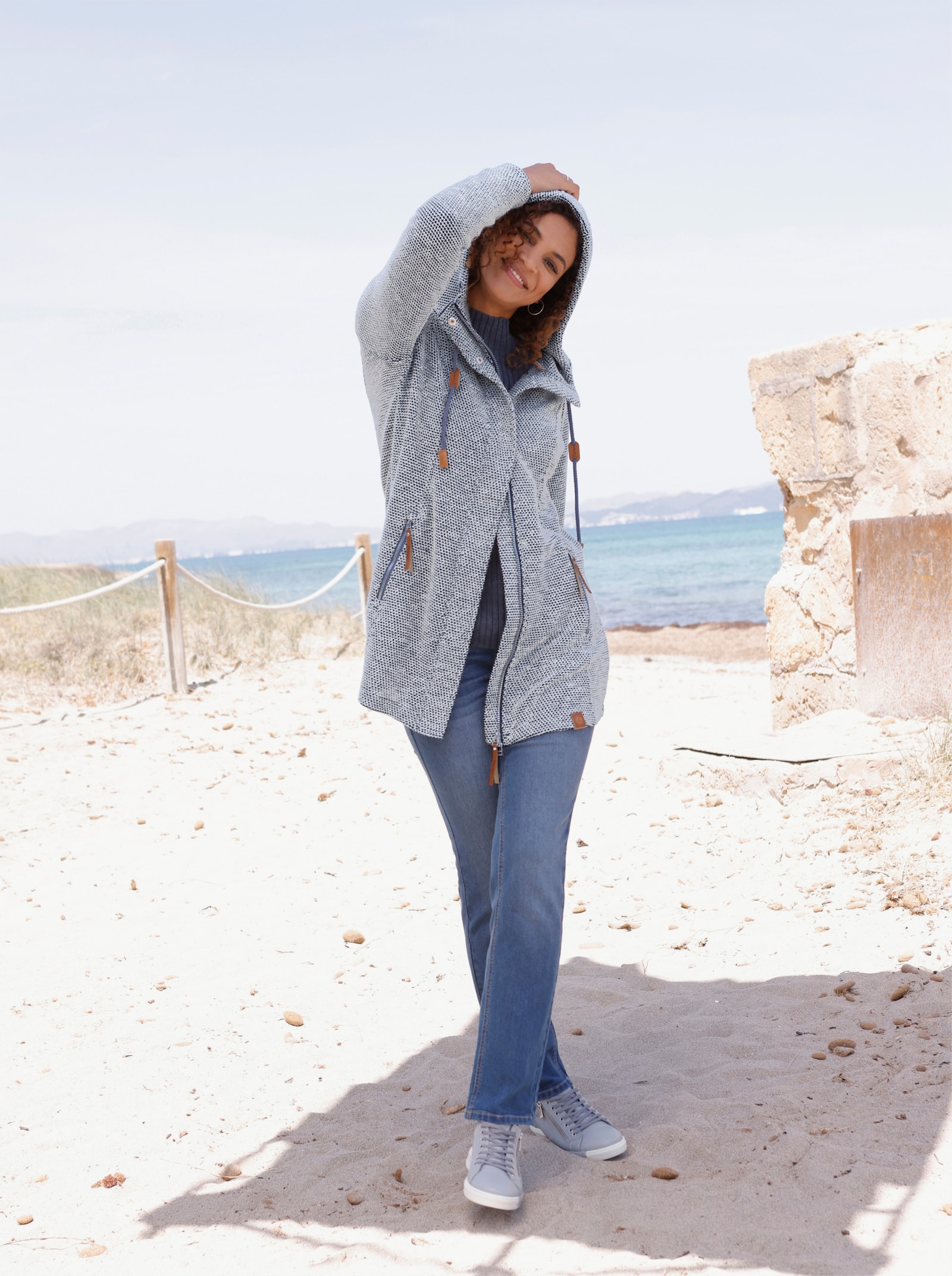 Shirtjacke mit Kapuze - rauchblau-ecru-meliert
