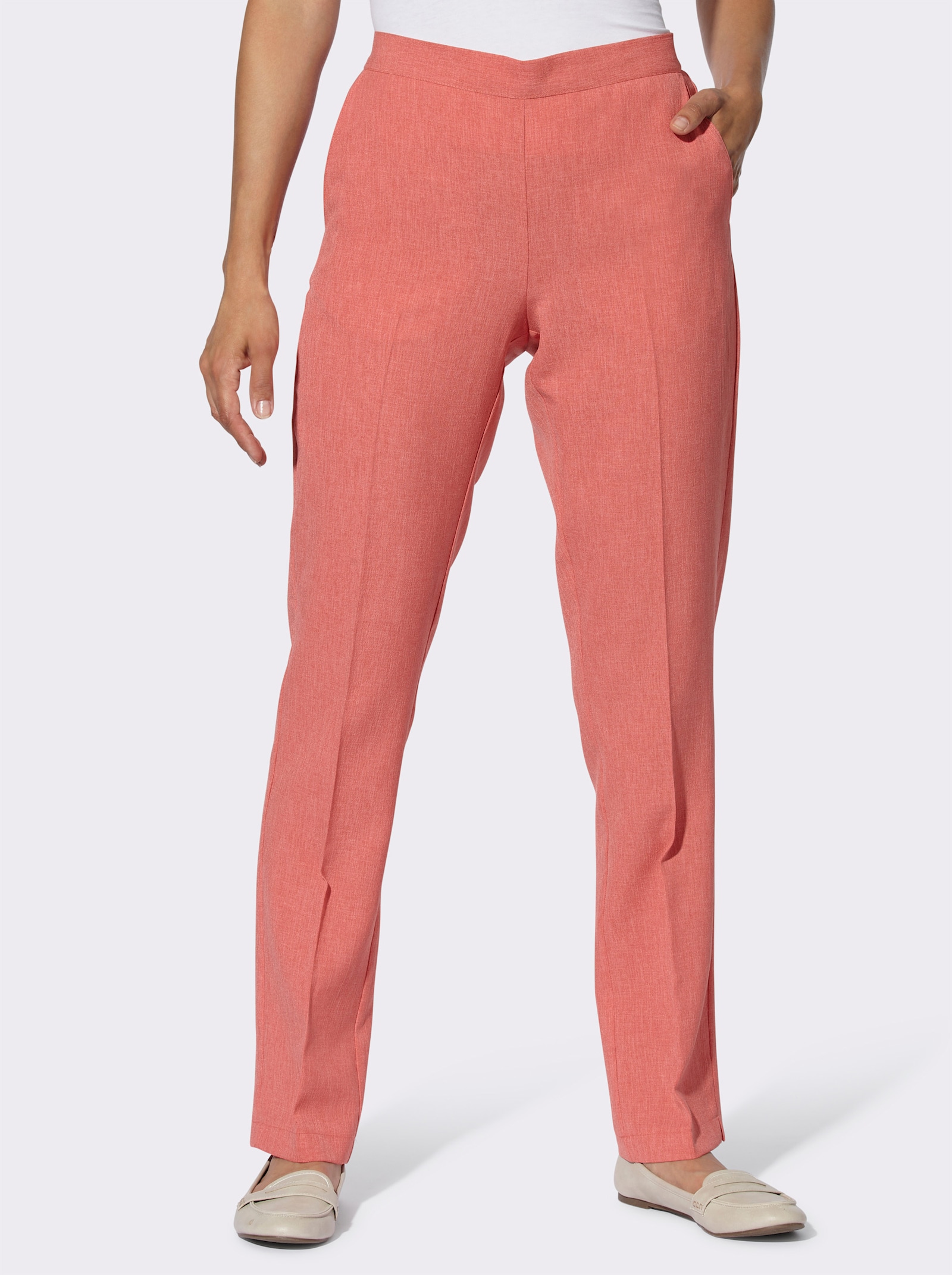 Comfortbroek met comfortband achter - grapefruit gemêleerd + grapefruit gestreept