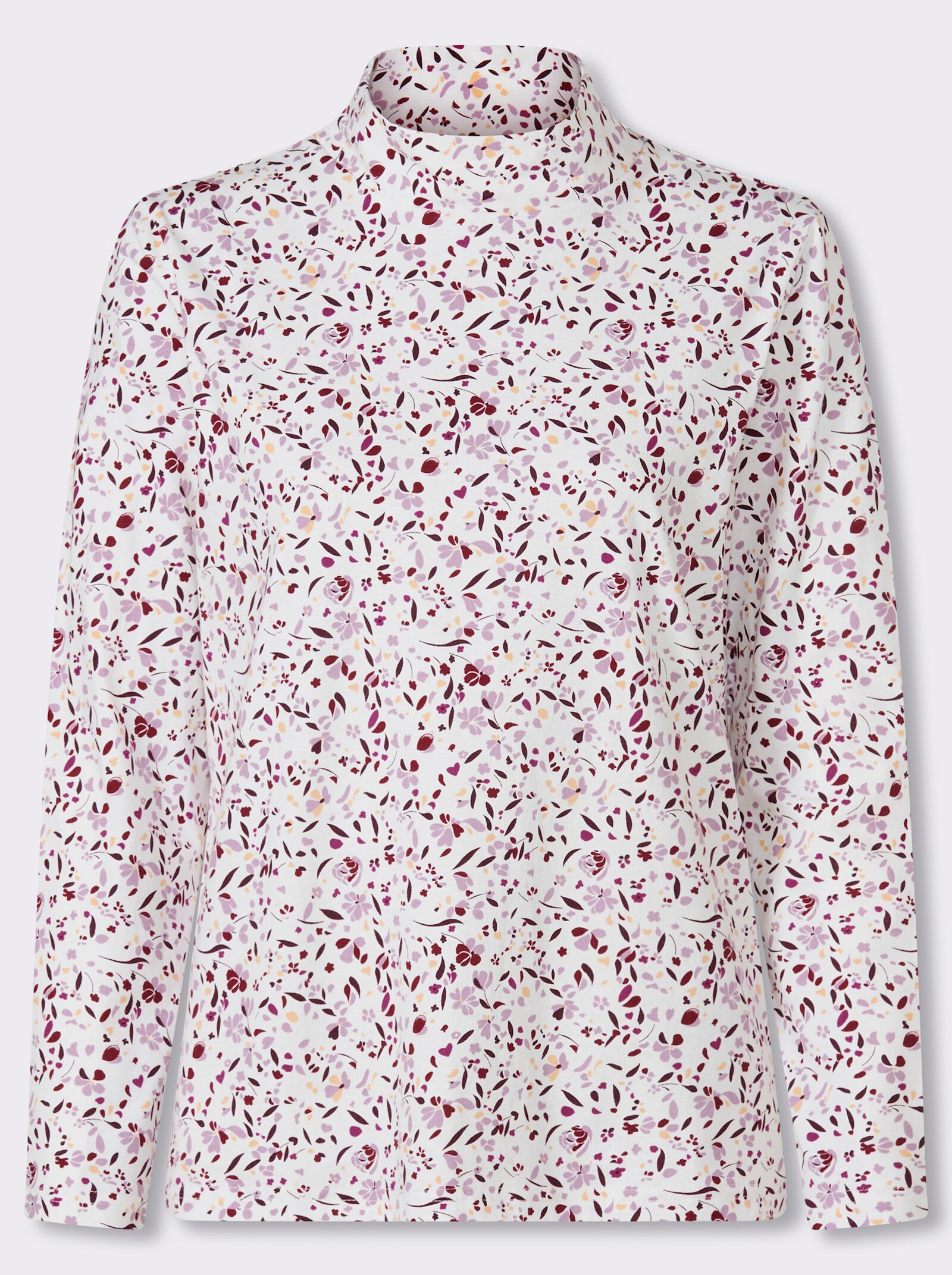 Stehkragenshirt in floralem Dessin - ecru-burgund-bedruckt